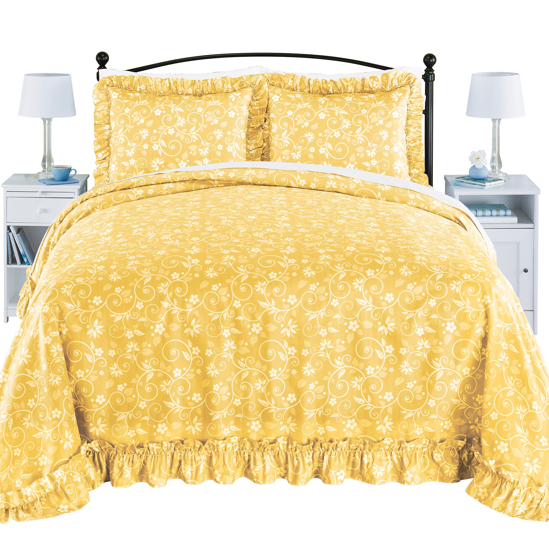 Lightweight Floral Scroll Pliss&Atilde;&copy; Bedspread Full Gender Neutral Yellow