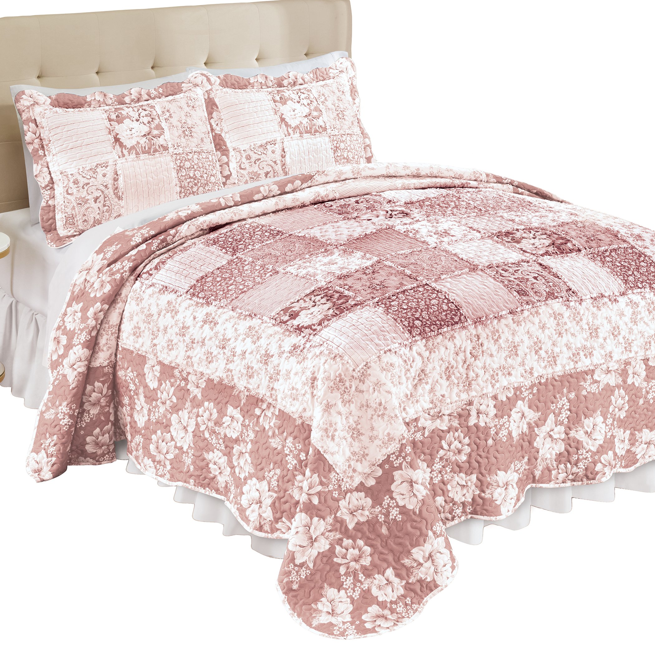 Eden Floral Patchwork Scalloped Edge Quilt King Gender Neutral Blush