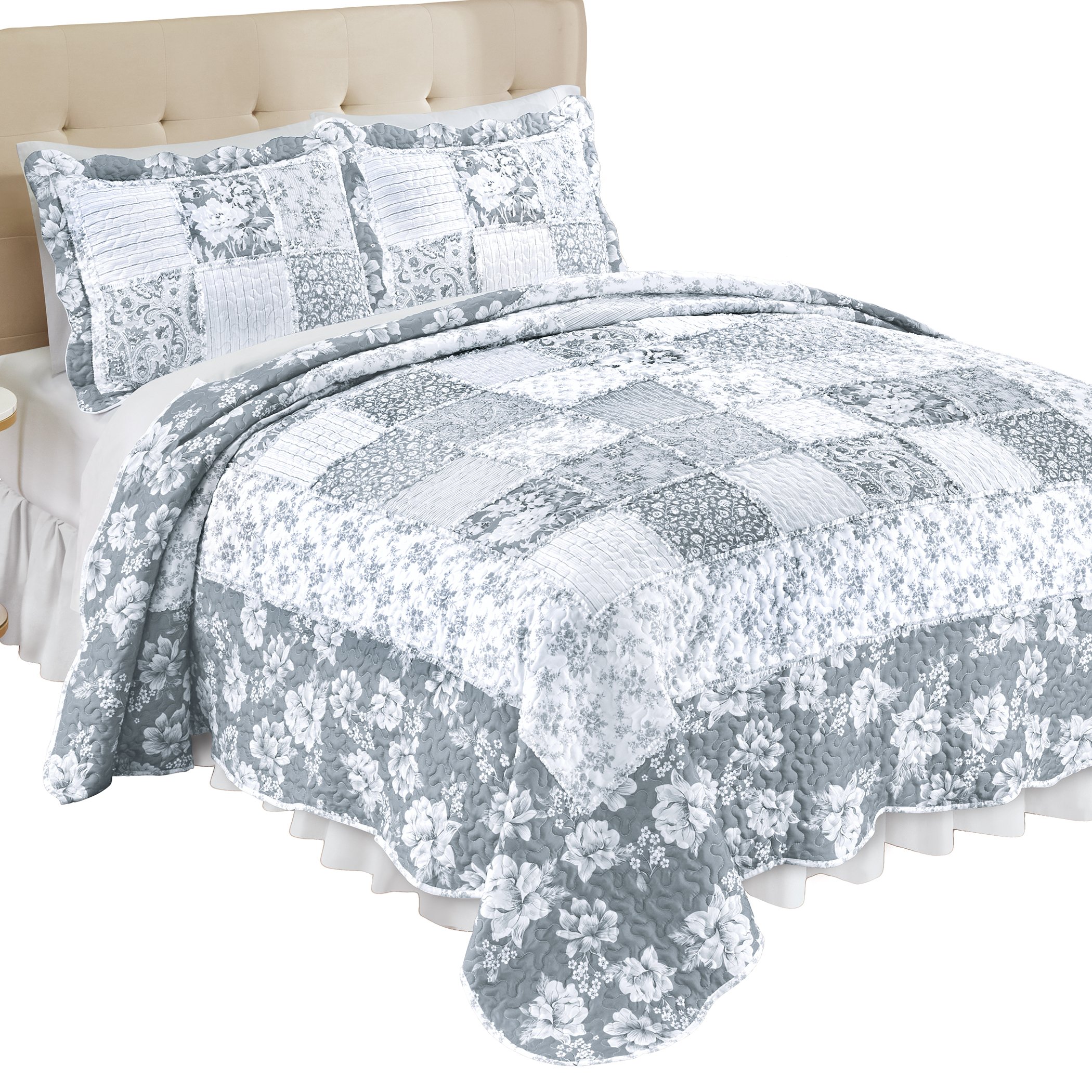 Eden Floral Patchwork Scalloped Edge Quilt - Picture 3 of 8