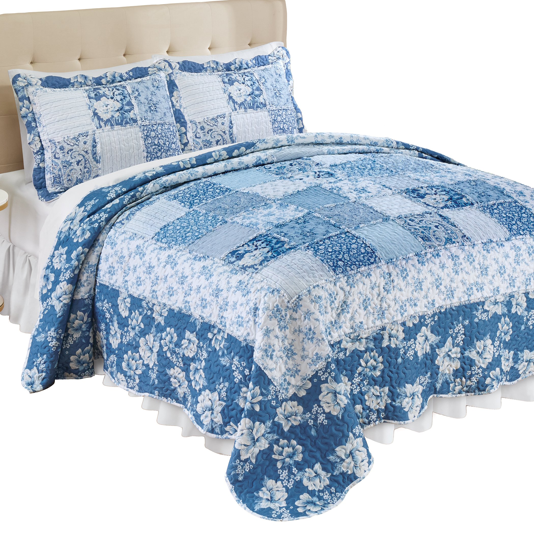 Eden Floral Patchwork Scalloped Edge Quilt - Picture 5 of 8