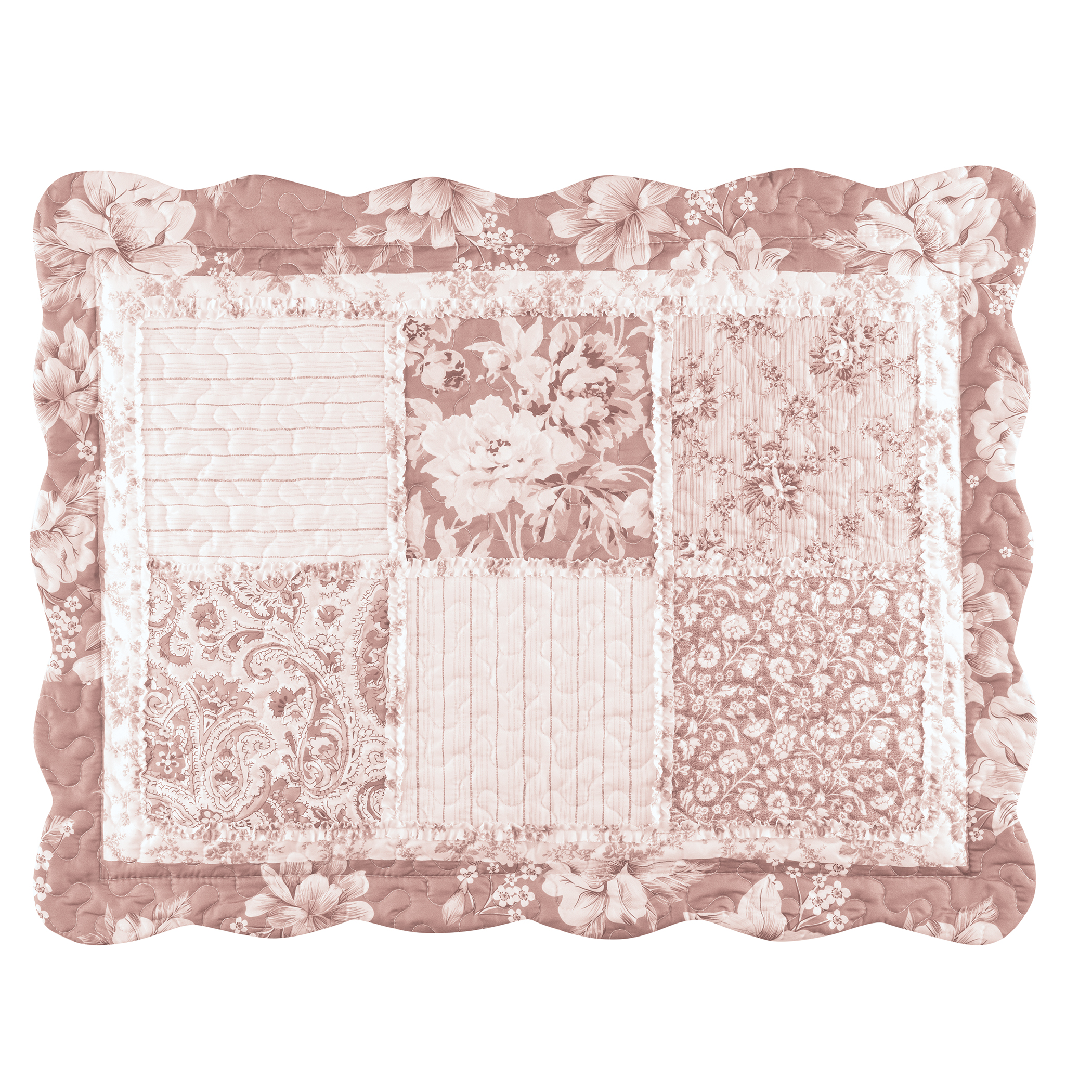 Eden Floral Patchwork Scalloped Edge Pillow Sham Sham Gender Neutral Blush