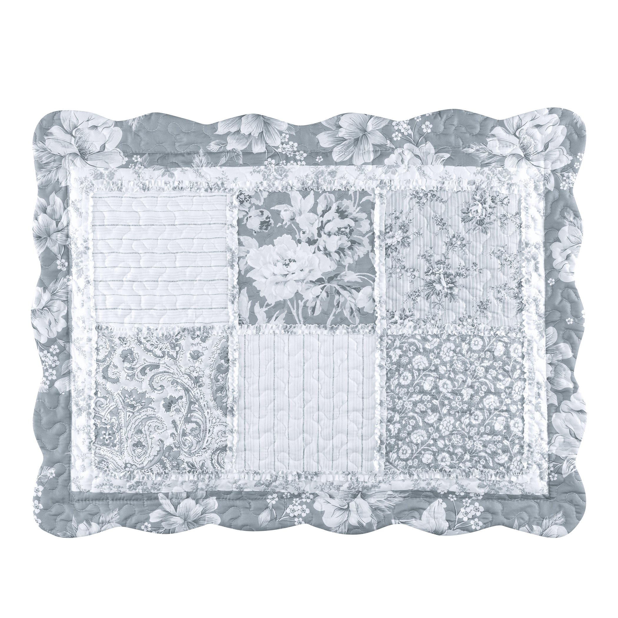 Eden Floral Patchwork Scalloped Edge Pillow Sham Sham Gender Neutral Grey