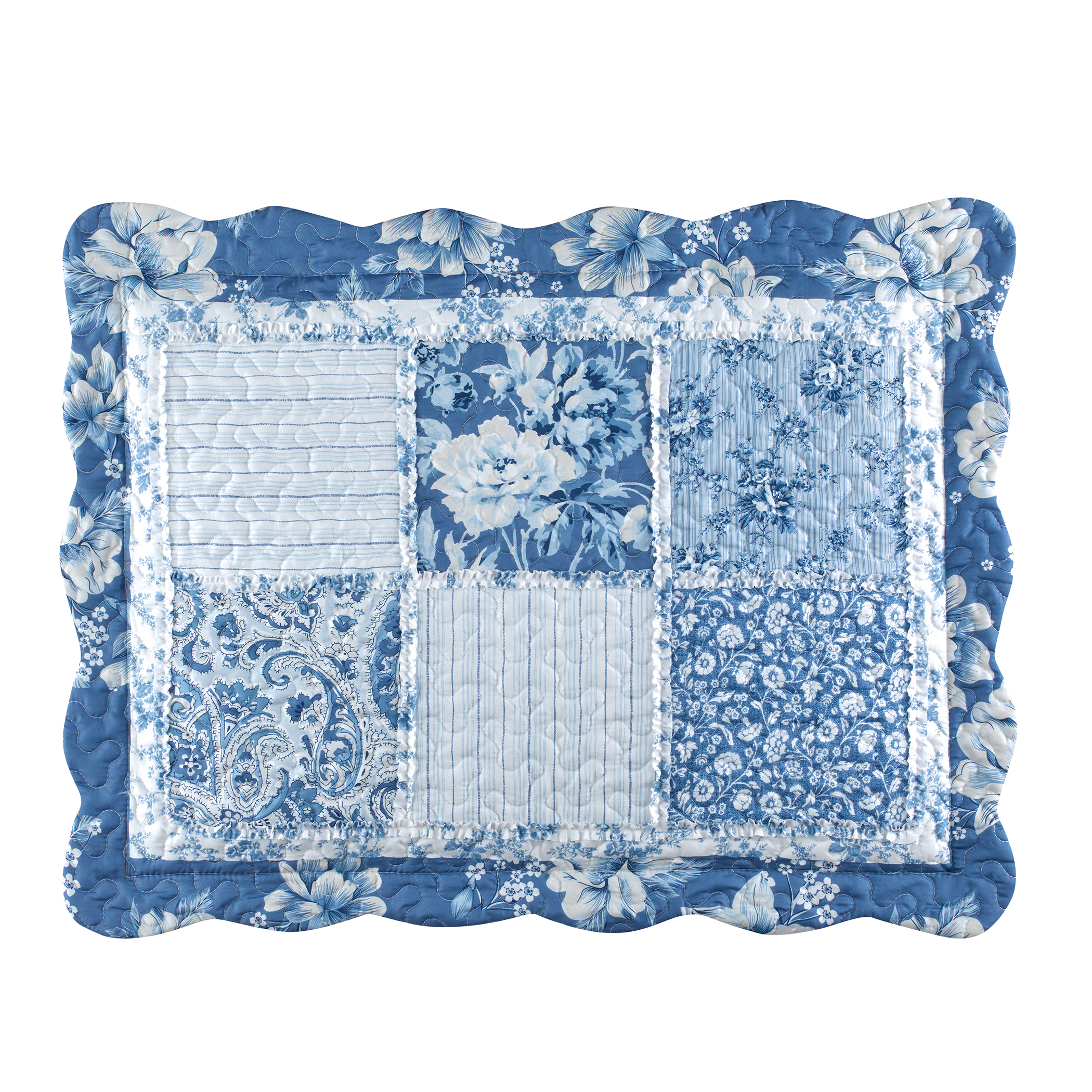 Eden Floral Patchwork Scalloped Edge Pillow Sham Sham Gender Neutral Navy