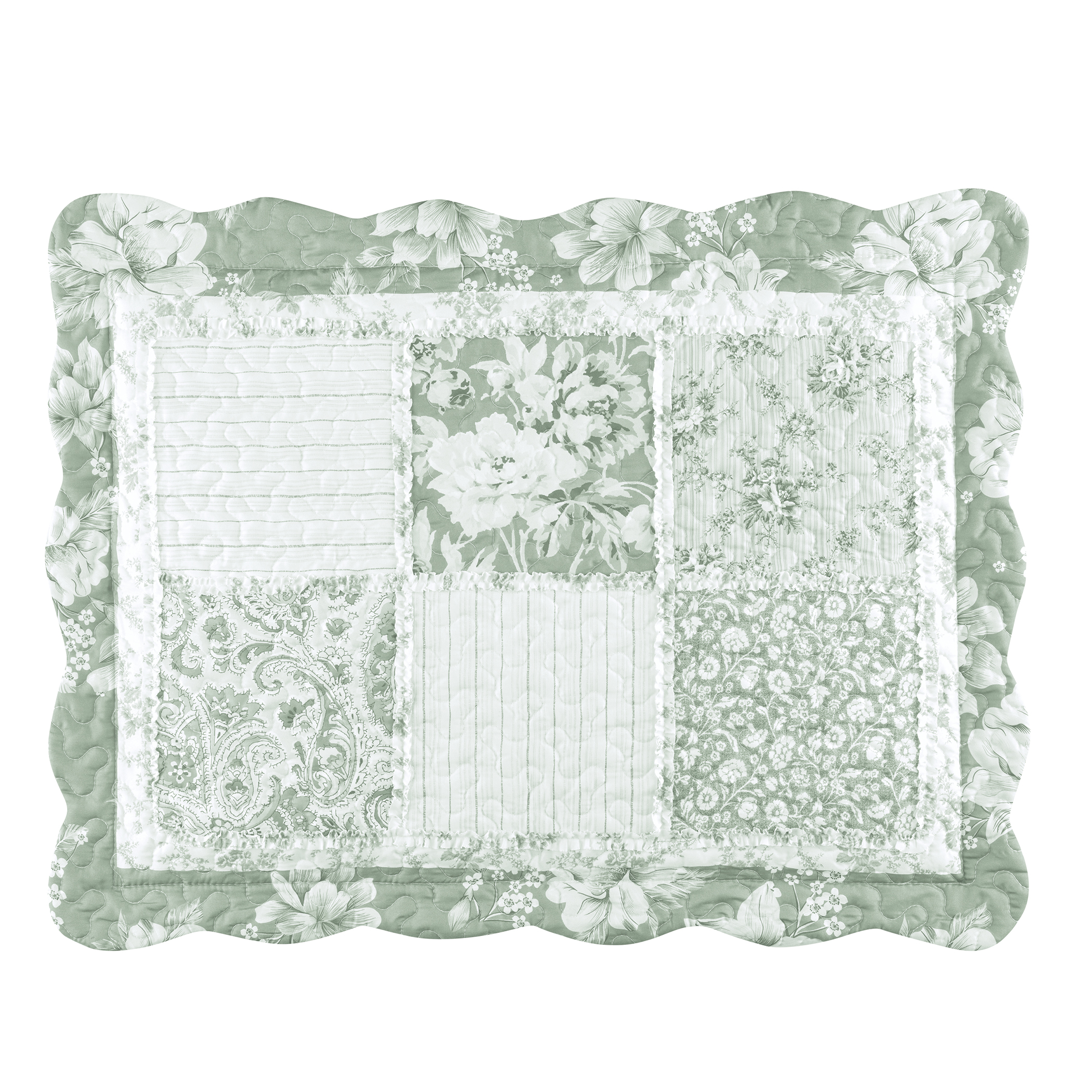Eden Floral Patchwork Scalloped Edge Pillow Sham Sham Gender Neutral Sage