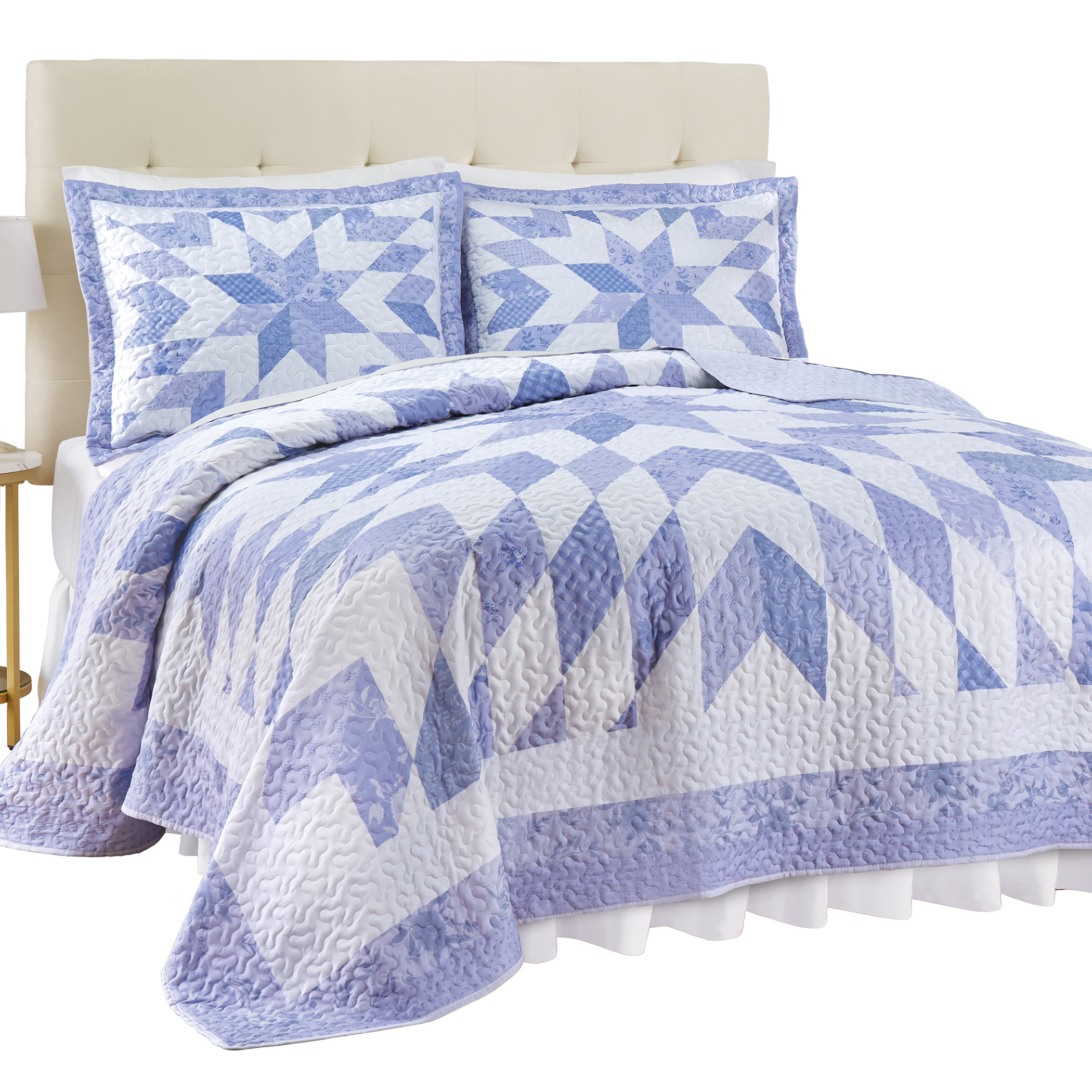 Oversized Classic Star Patchwork Floral Border Quilt King Gender Neutral Periwinkle