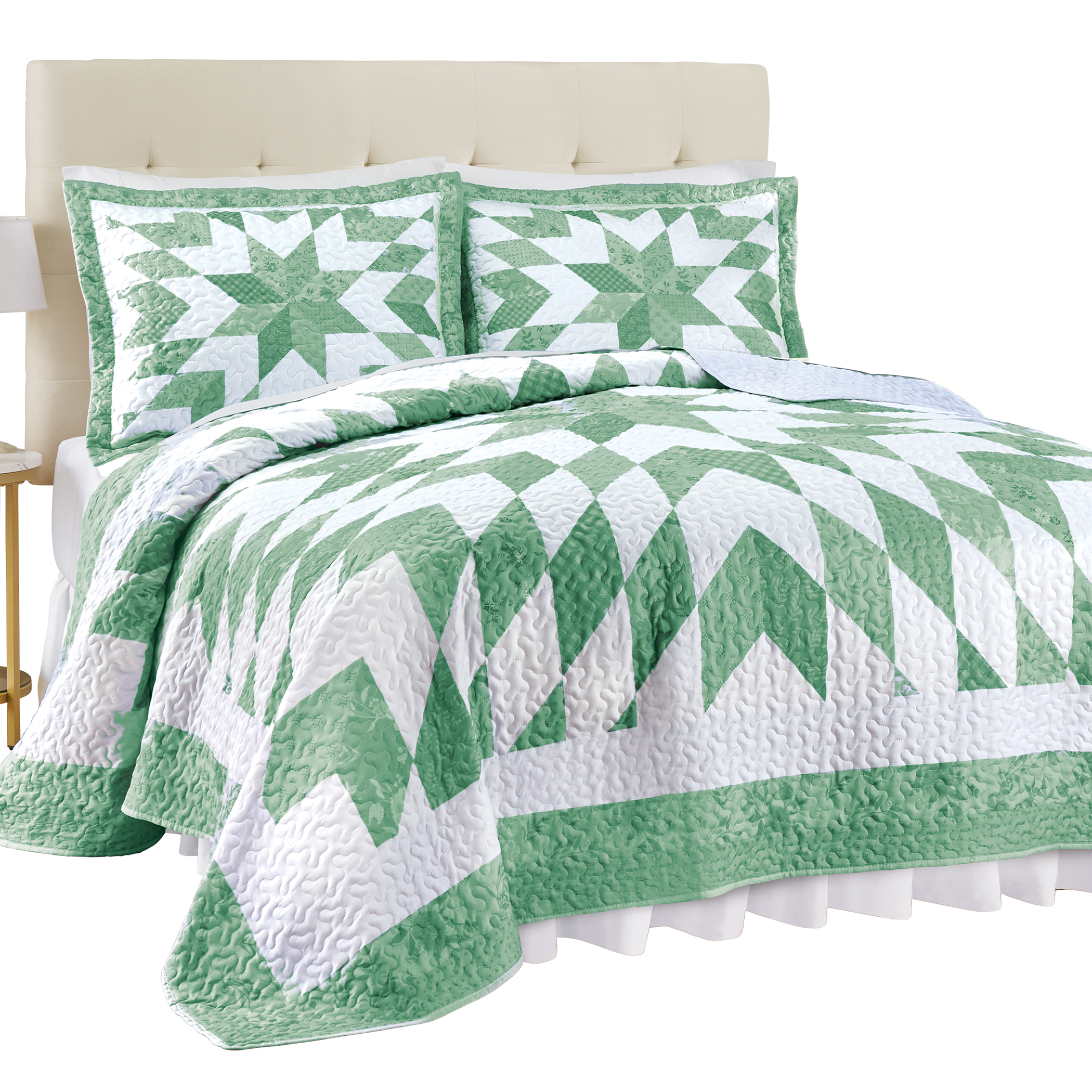 Oversized Classic Star Patchwork Floral Border Quilt Twin Gender Neutral Sage