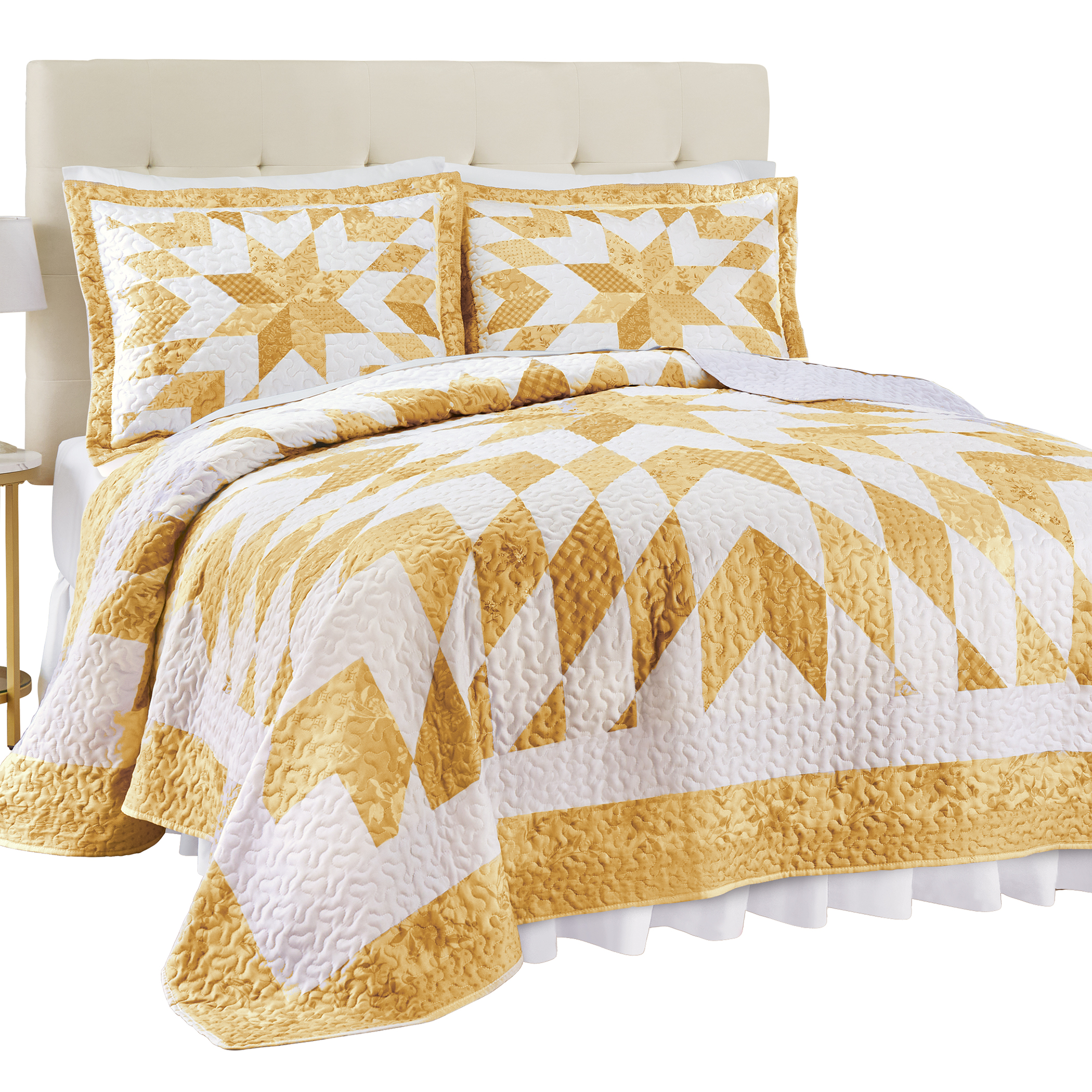 Oversized Classic Star Patchwork Floral Border Quilt King Gender Neutral Yellow