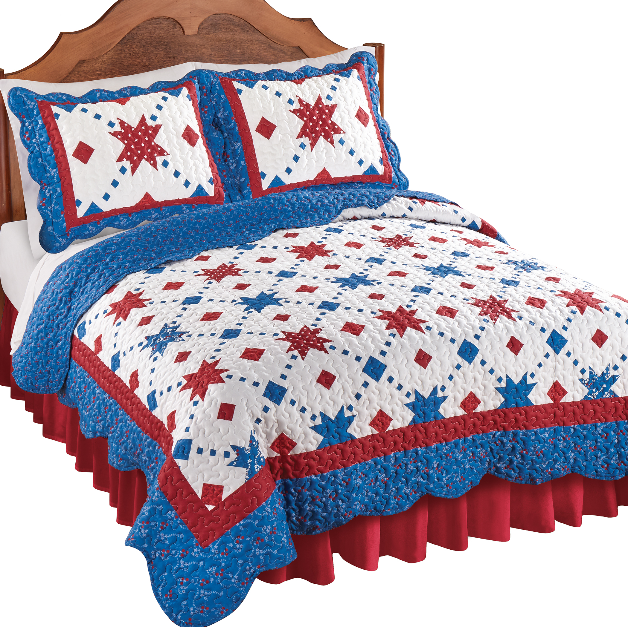 Reversible Americana Star Scalloped Edge Patriotic Quilt King Gender Neutral Burgundy Multi