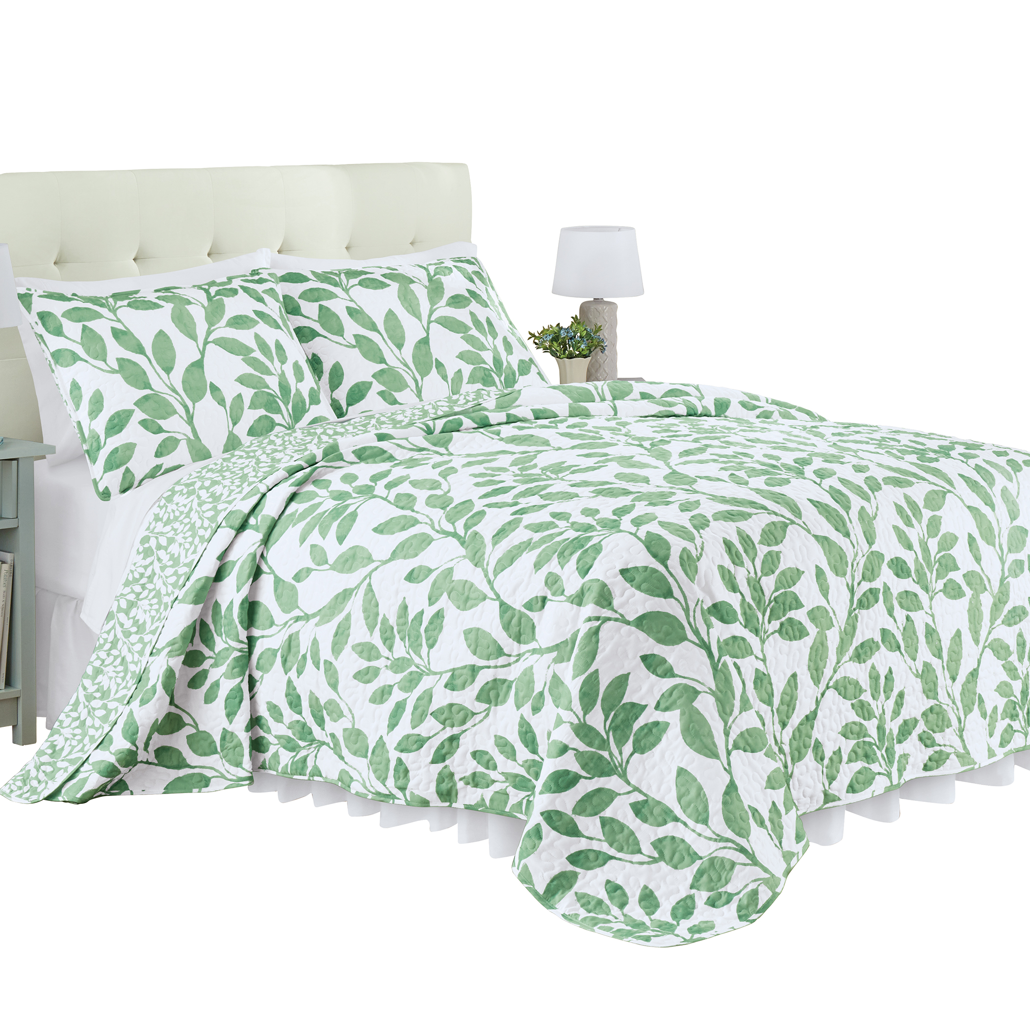 Brady Reversible Oversized Two-Tone Leaf Design Quilt King Gender Neutral Sage