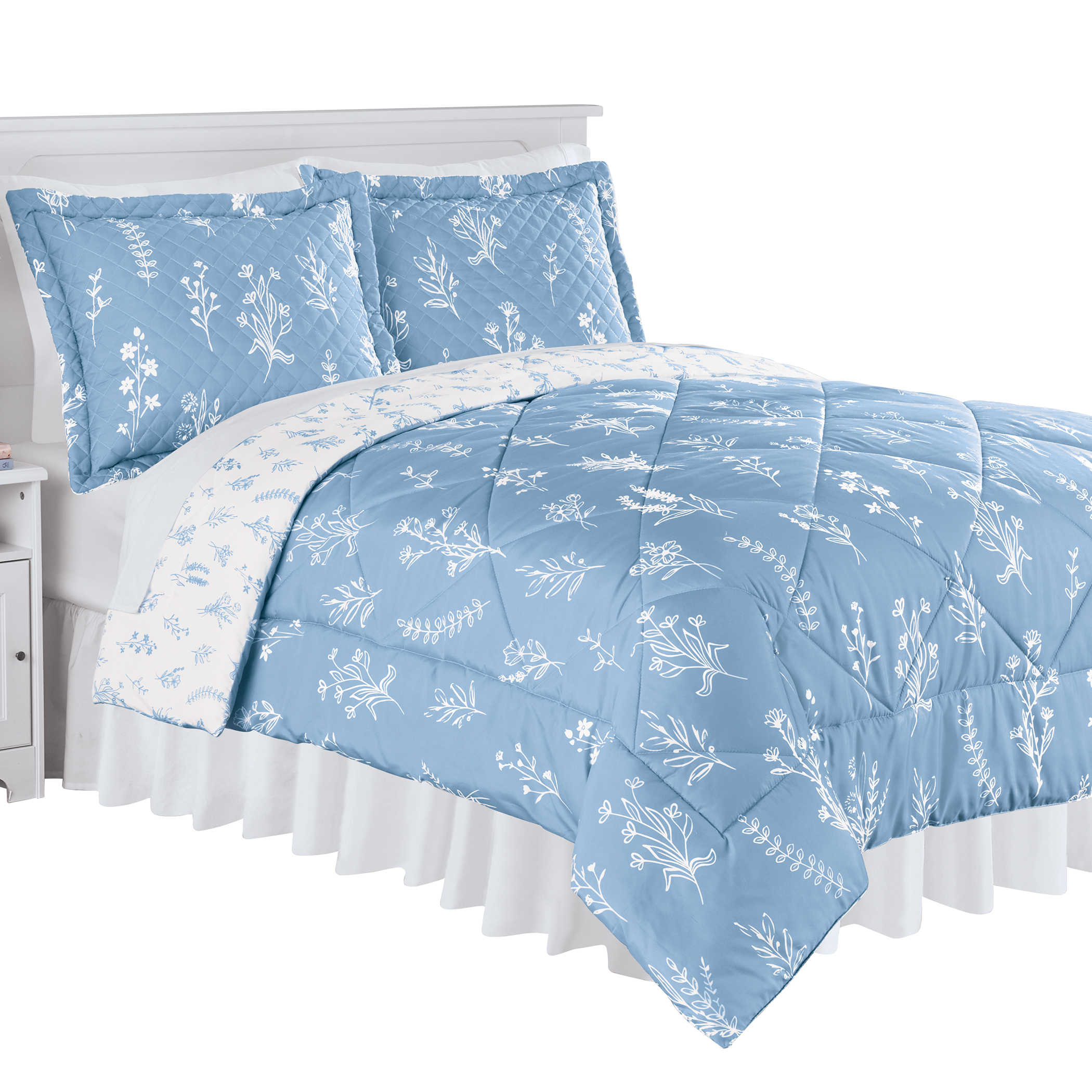 Reversible Floral and Leaf Pattern 3-Piece Comforter Set King Gender Neutral Blue