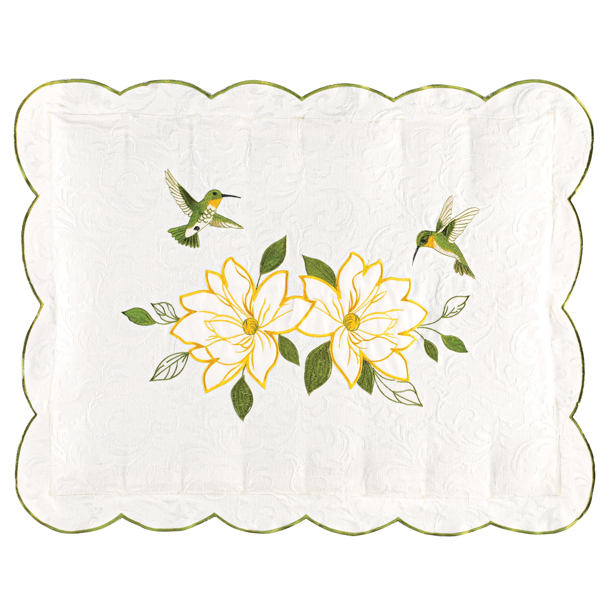 Magnolia and Hummingbird AppliquÃ© Scalloped Edge Pillow Sham Gender Neutral White