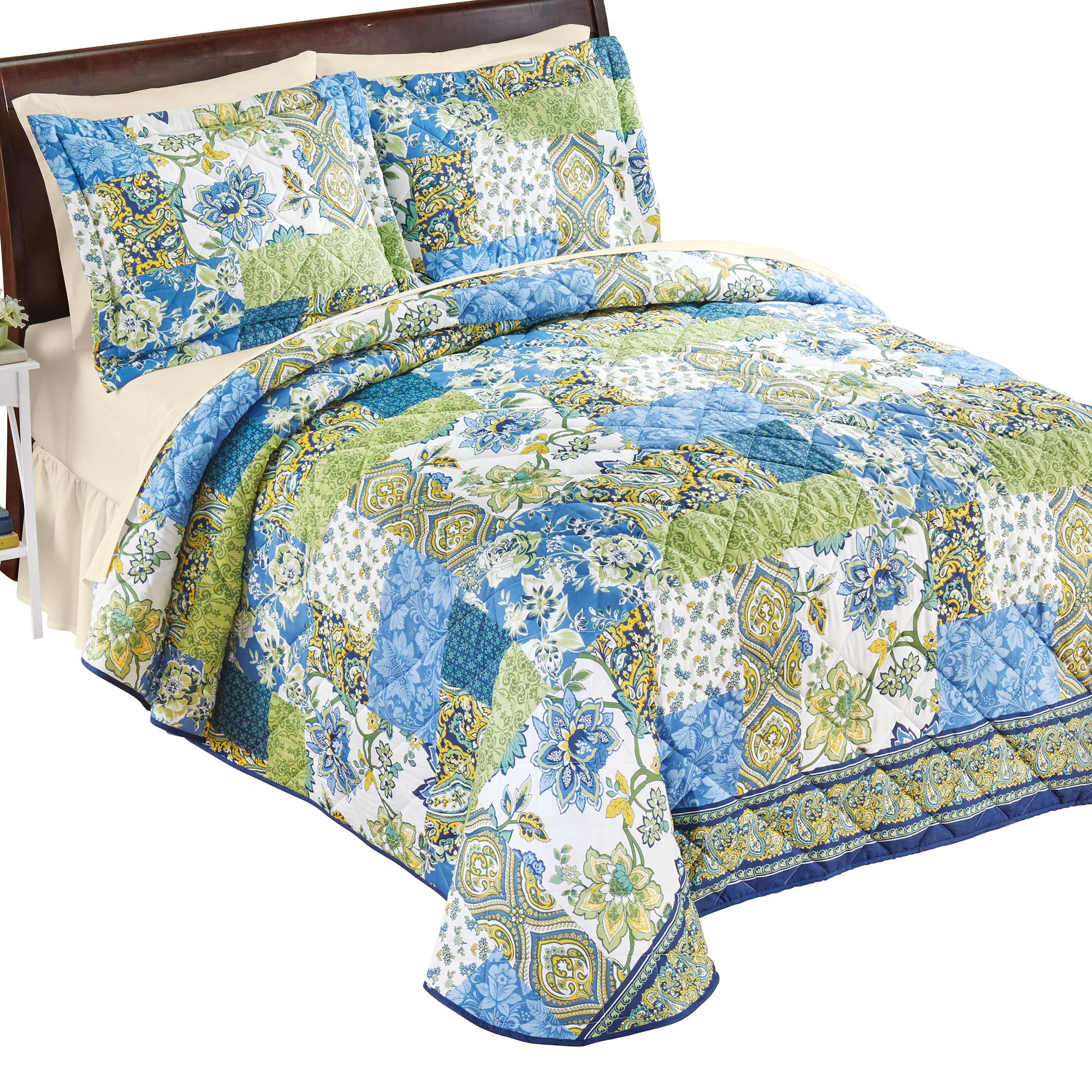 Alexandria Floral Patchwork Quilted Bedspread Twin Gender Neutral Blue/Green, Blue/Green