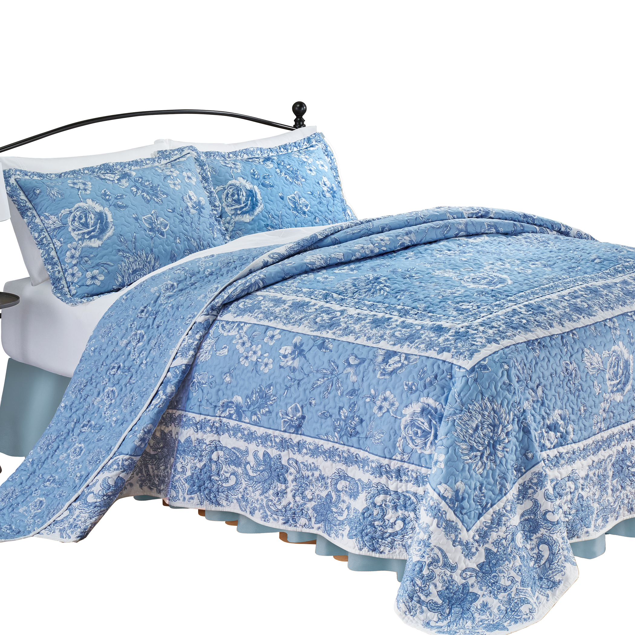Porcelain Floral Paisley Border Quilted Bedspread Twin Gender Neutral Blue Multi