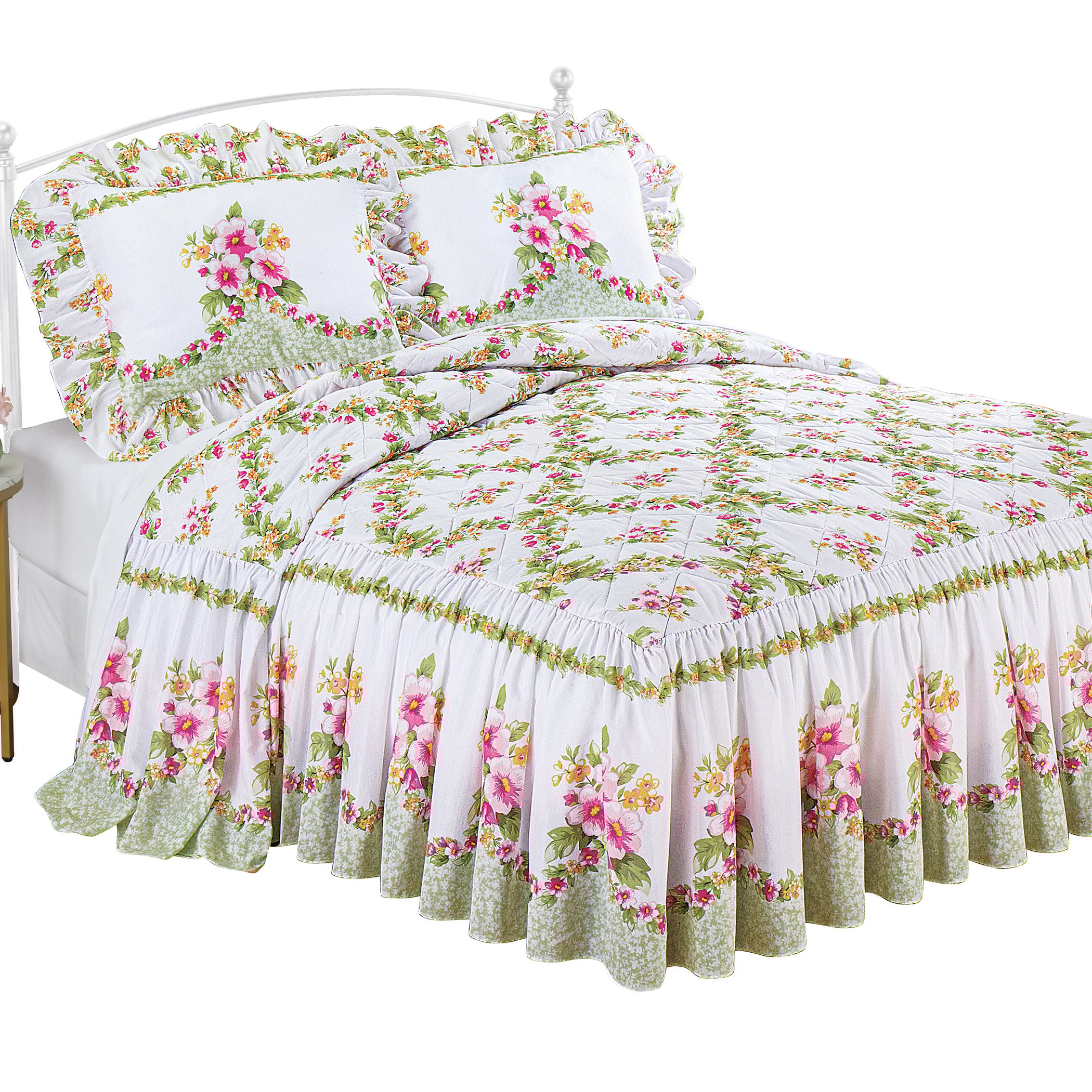 Columbine Floral Trellis Quilt Top Ruffle Border Bedspread Full Gender Neutral Pink Multi