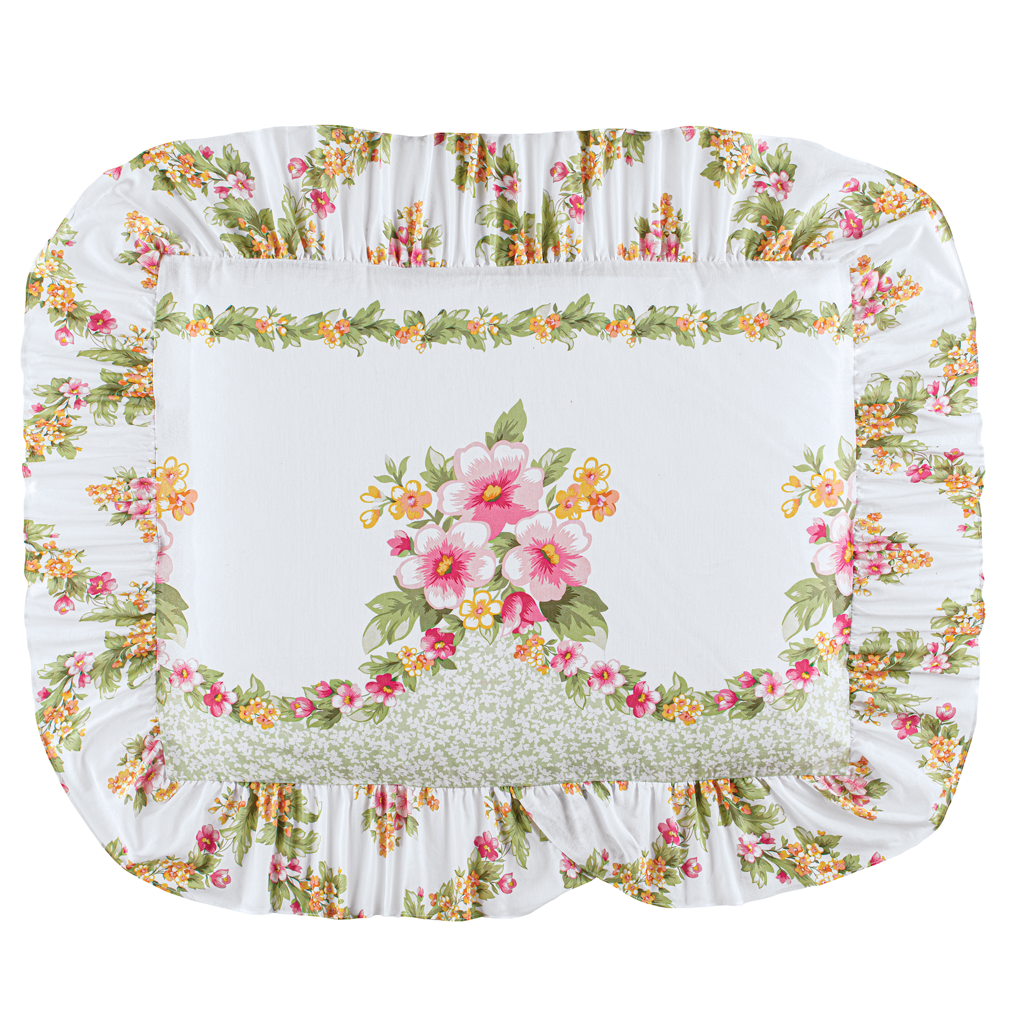 Columbine Floral Trellis Ruffled Edge Pillow Sham Gender Neutral Green