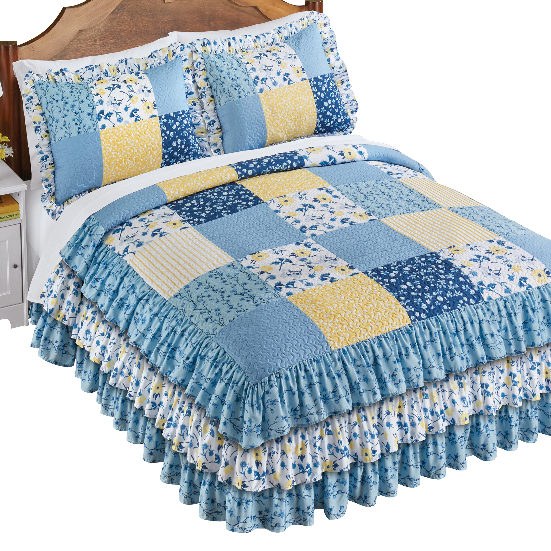 Floral Patchwork Quilted Triple Ruffle Bedspread Twin Gender Neutral Multi