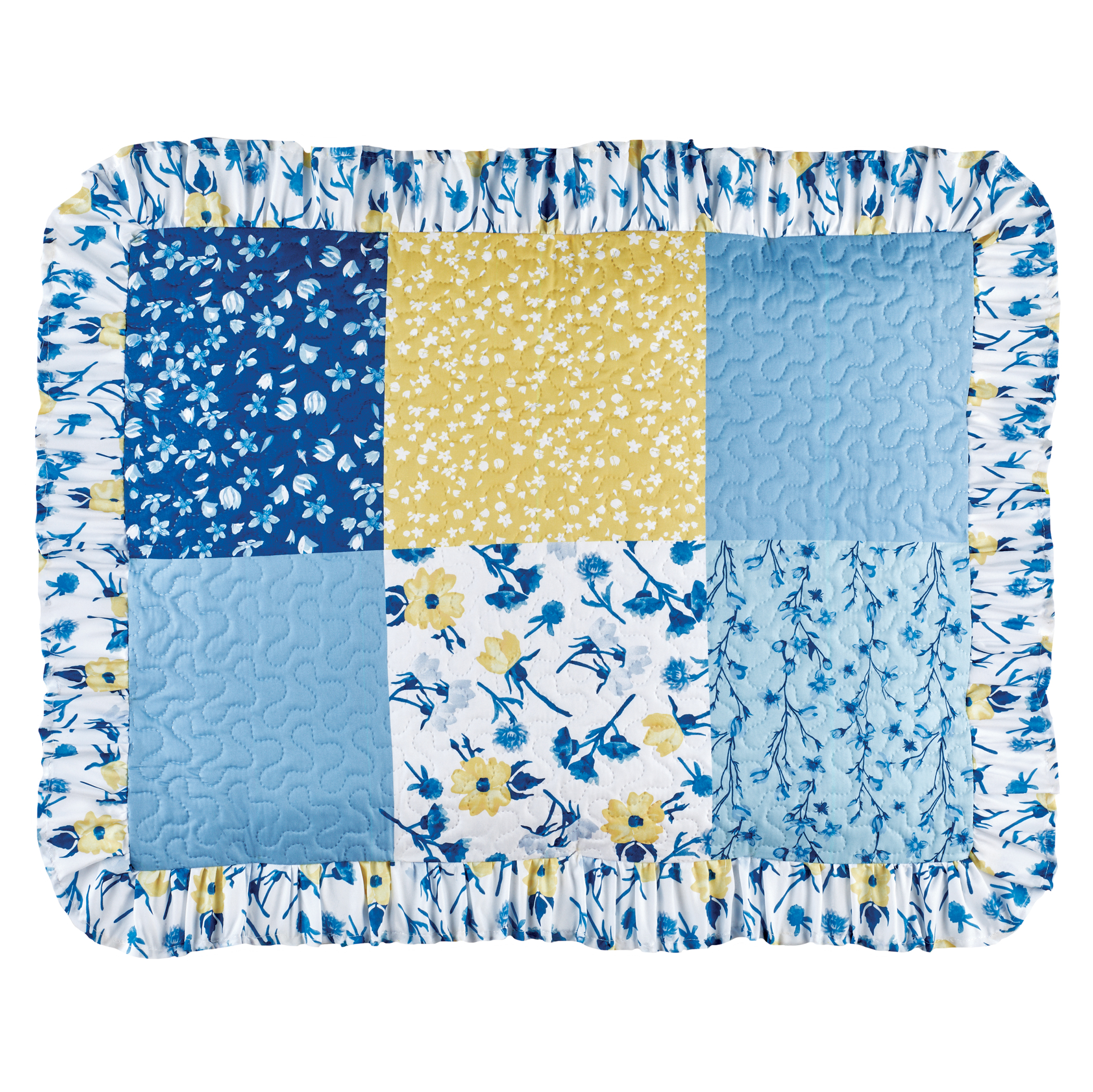 Floral Patchwork Quilted Ruffle Edge Pillow Sham Gender Neutral Blue