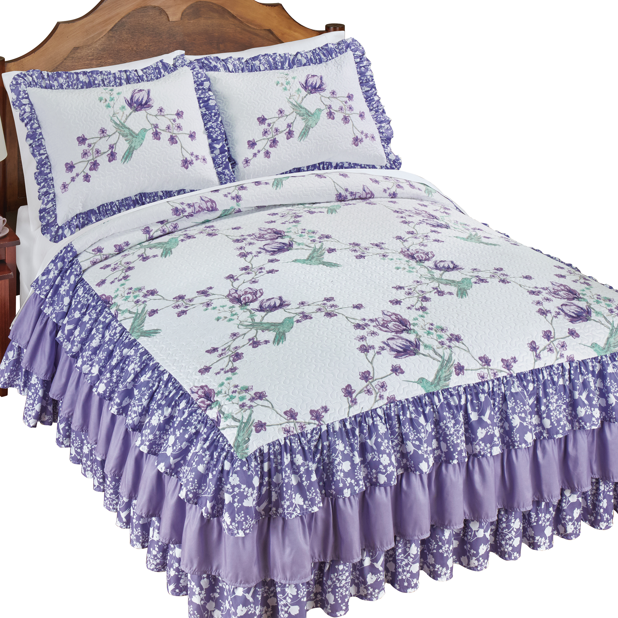Hannah Floral Trellis Hummingbird Triple Ruffle Bedspread Twin Gender Neutral Multi