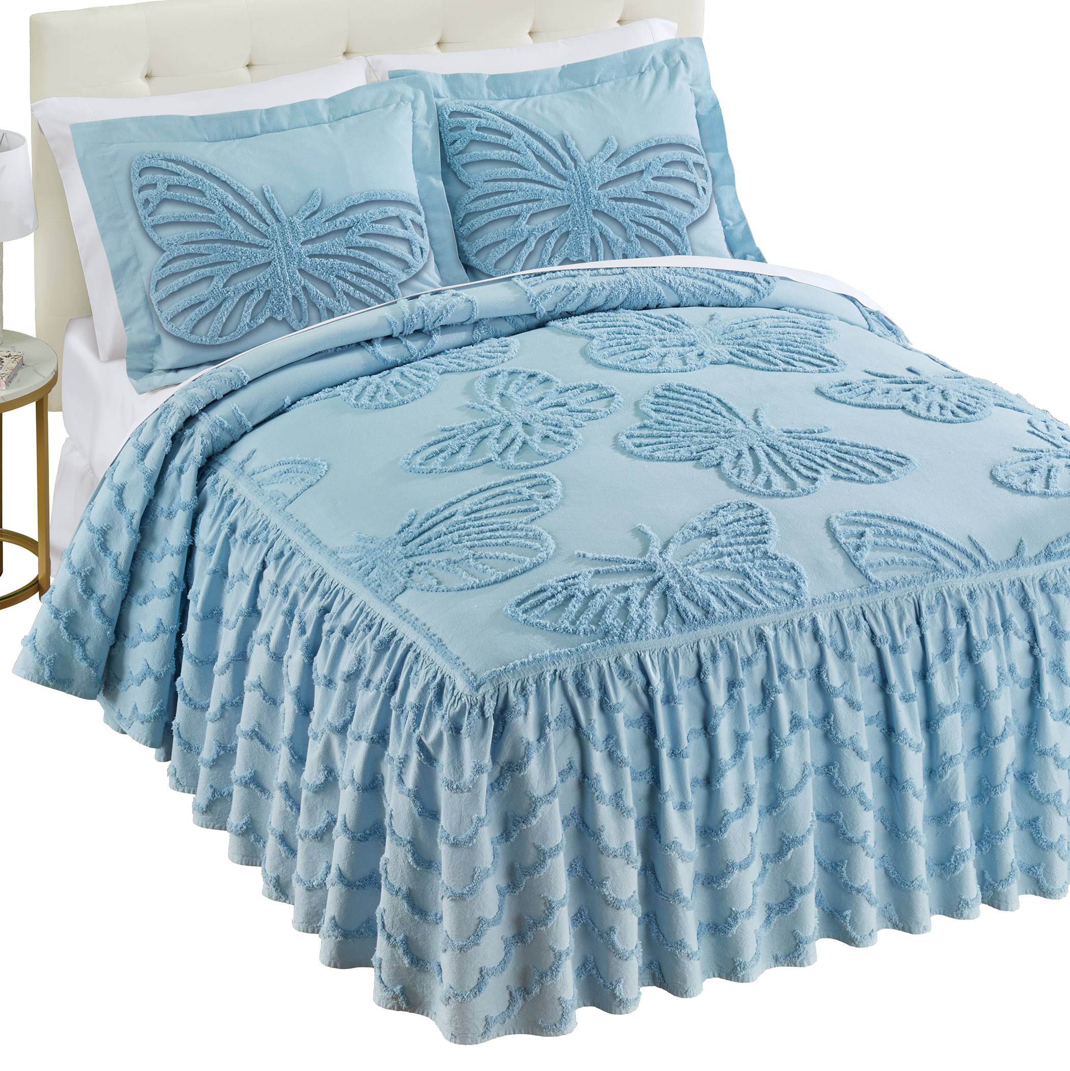Butterfly Textured Chenille Ruffled Border Bedspread King Gender Neutral Blue
