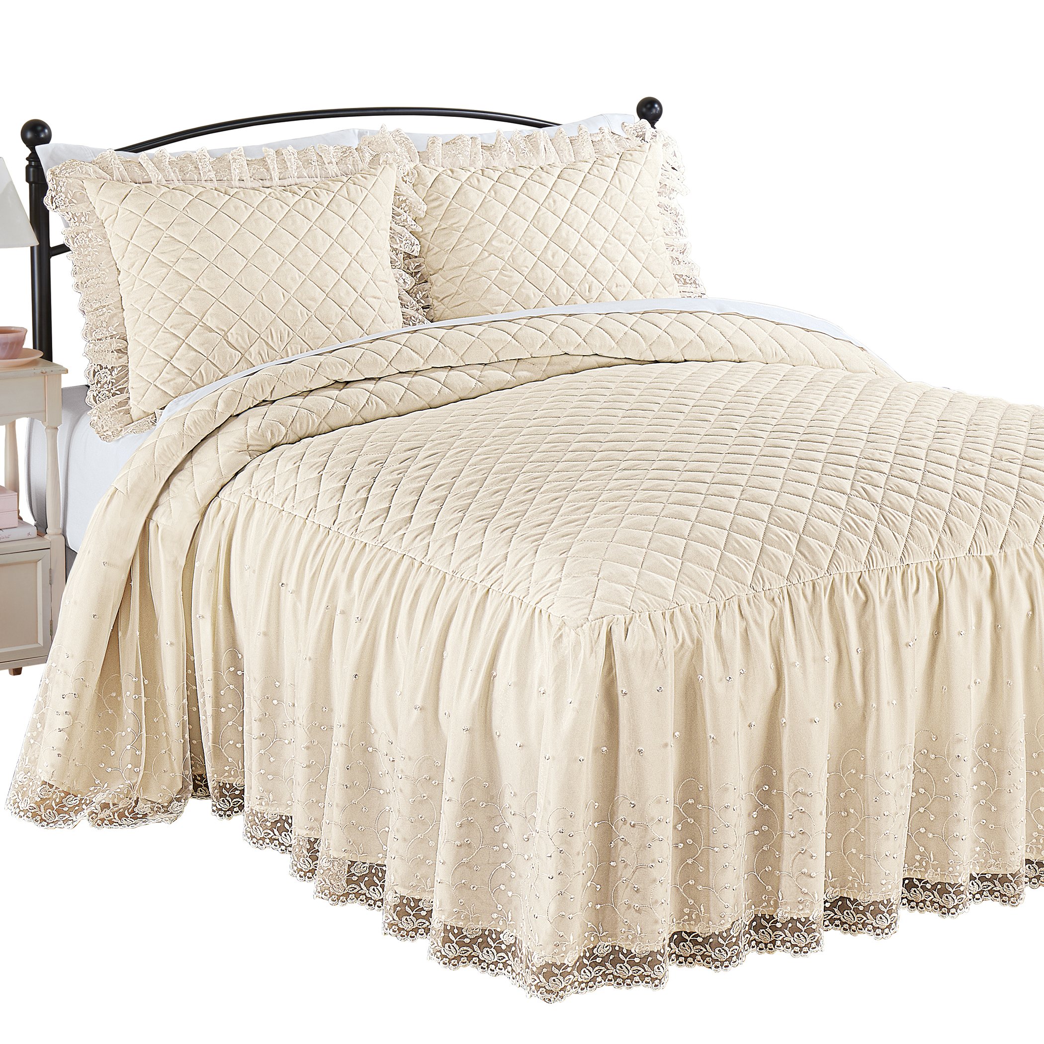 Diamond Quilt Top Vintage Lace Ruffle Skirt Bedspread King Gender Neutral Cream