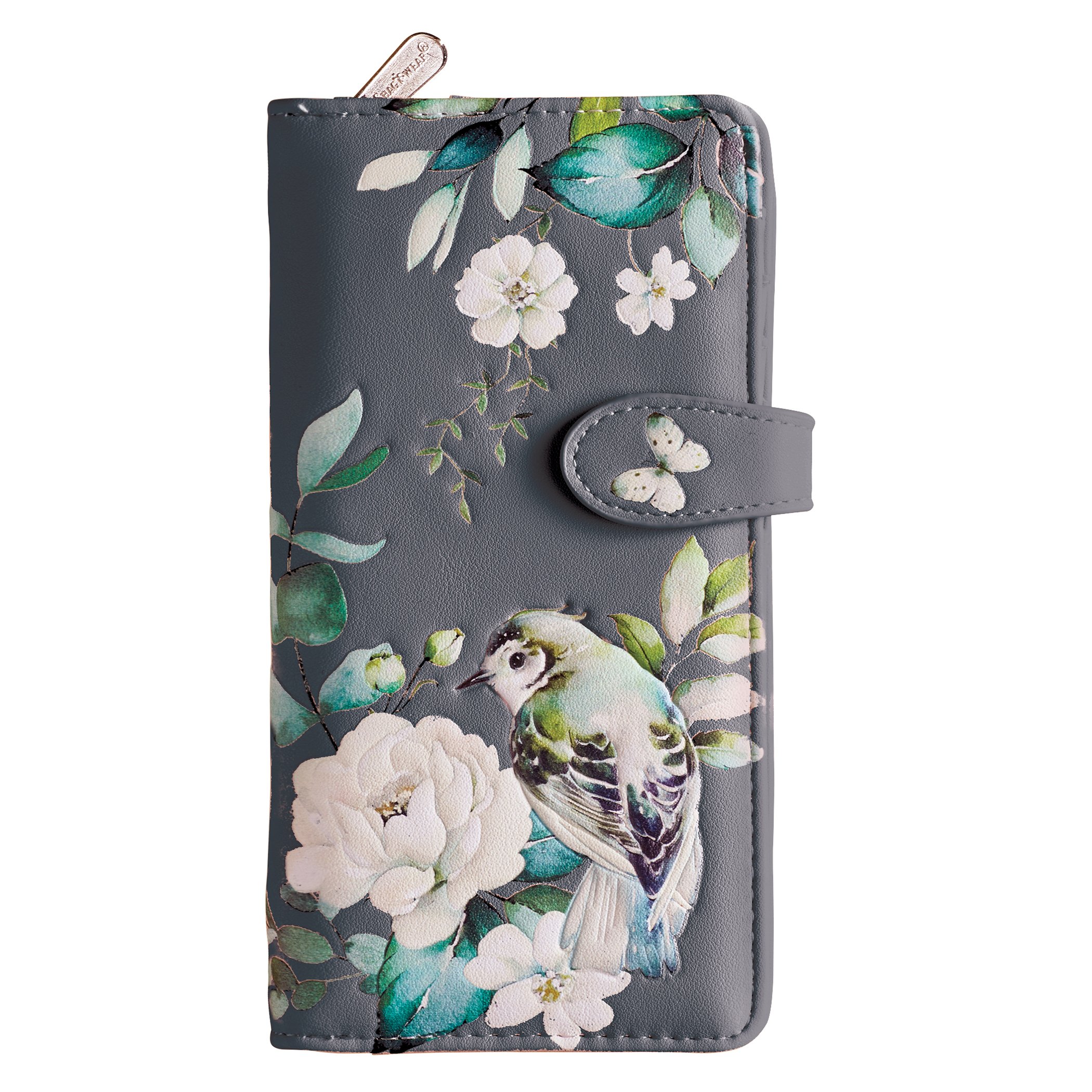 Birds & Flower Garden Magnetic Snap Closure Faux Leather Wallet Grey