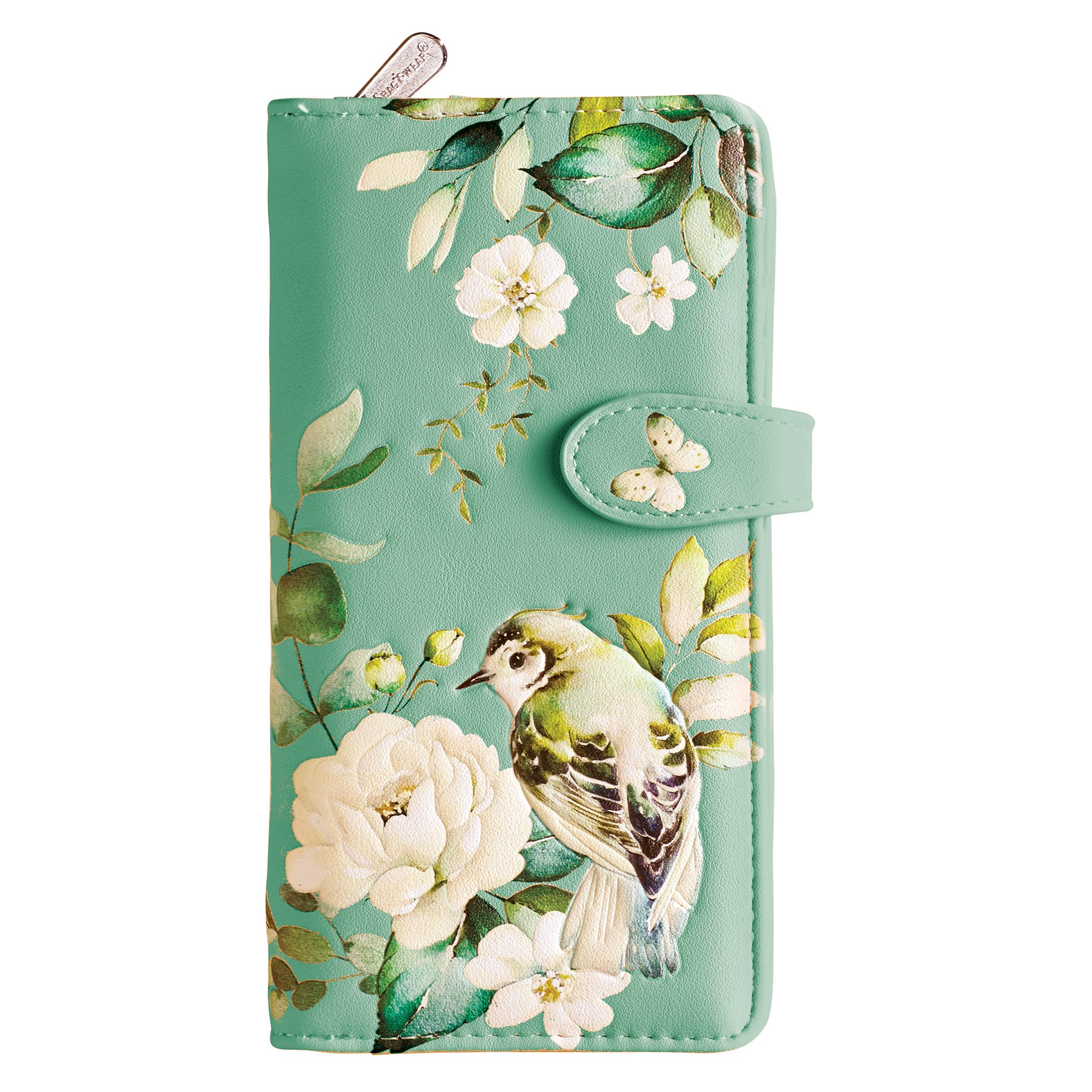 Birds & Flower Garden Magnetic Snap Closure Faux Leather Wallet Mint