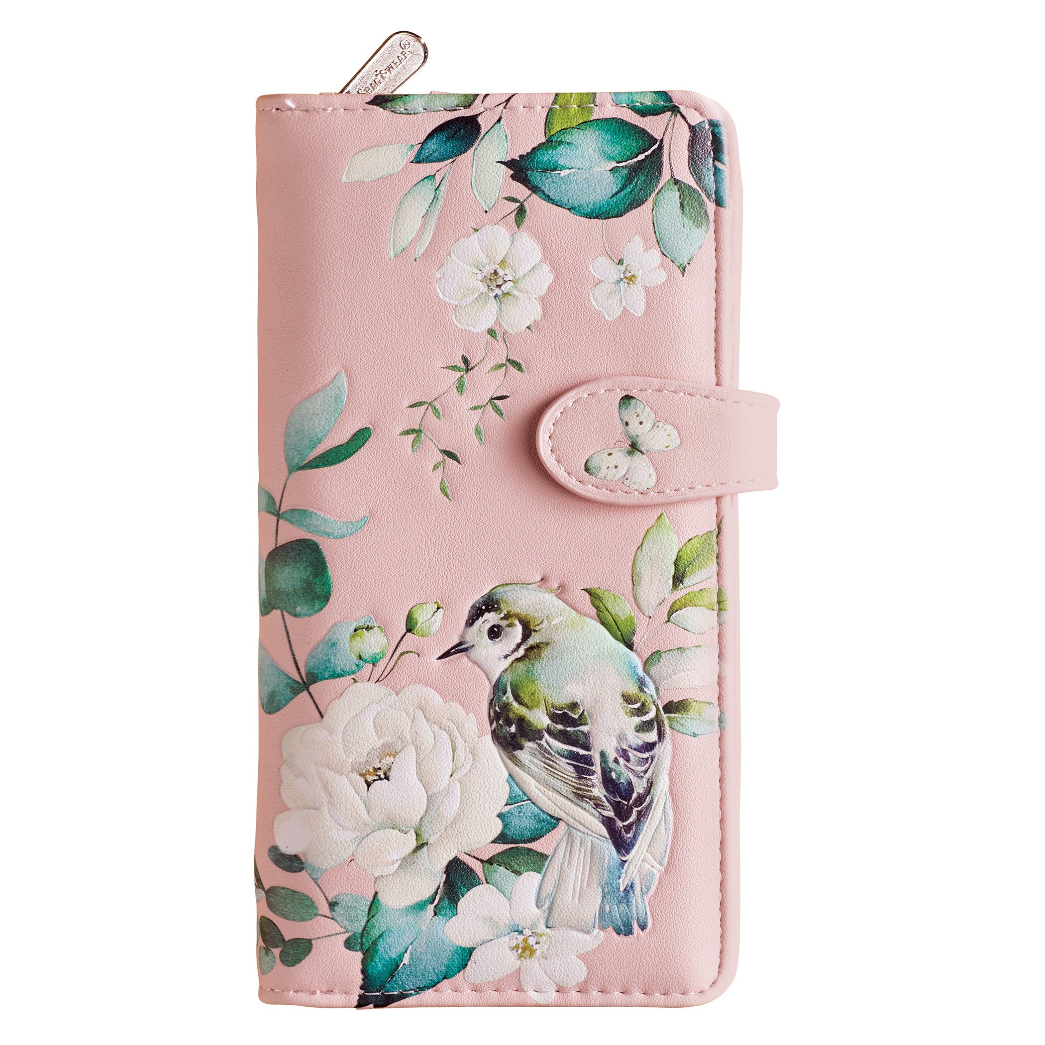 Birds & Flower Garden Magnetic Snap Closure Faux Leather Wallet Pink