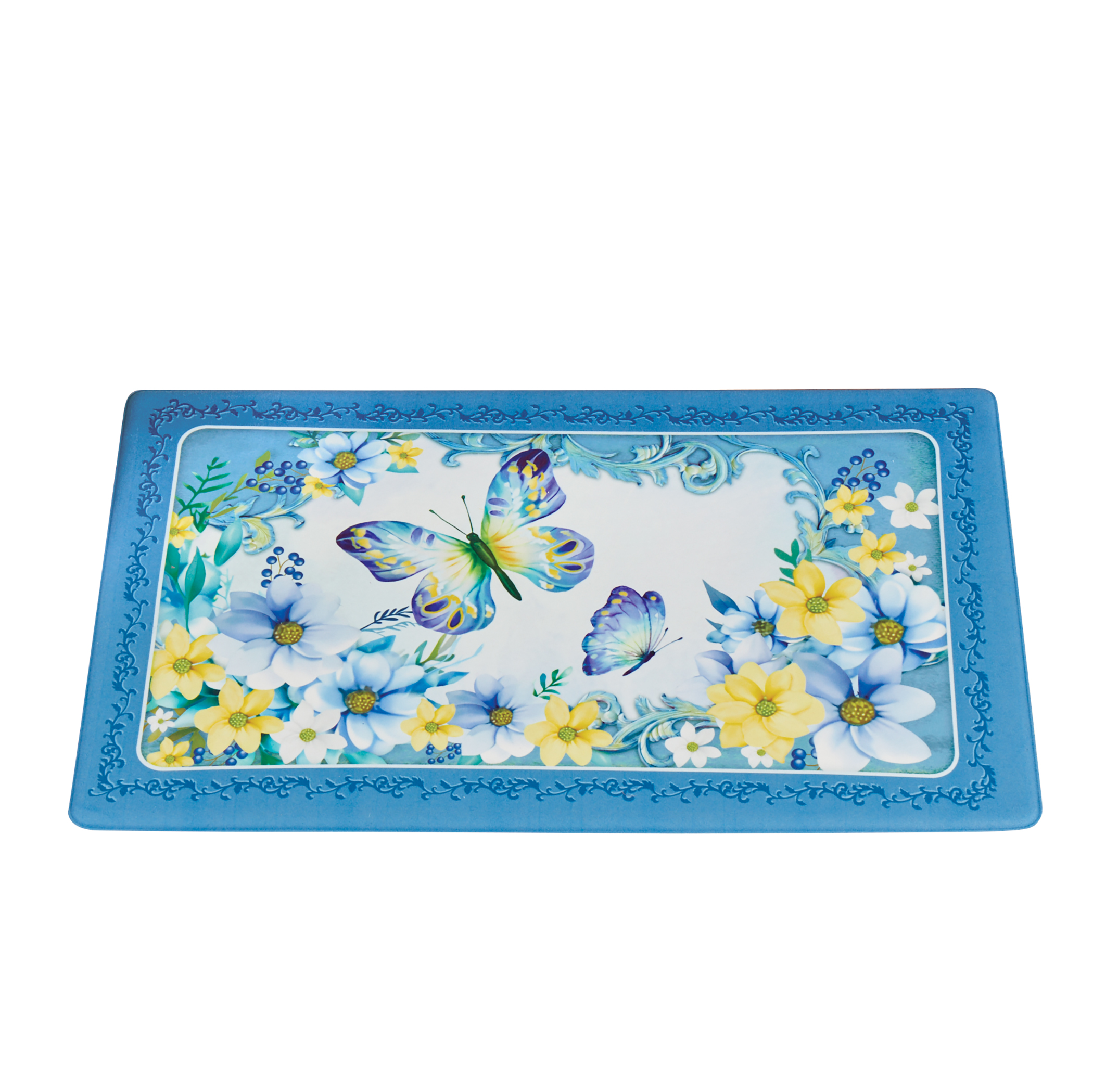 Blue Butterfly and Floral Anti-Fatigue Kitchen Mat Blue