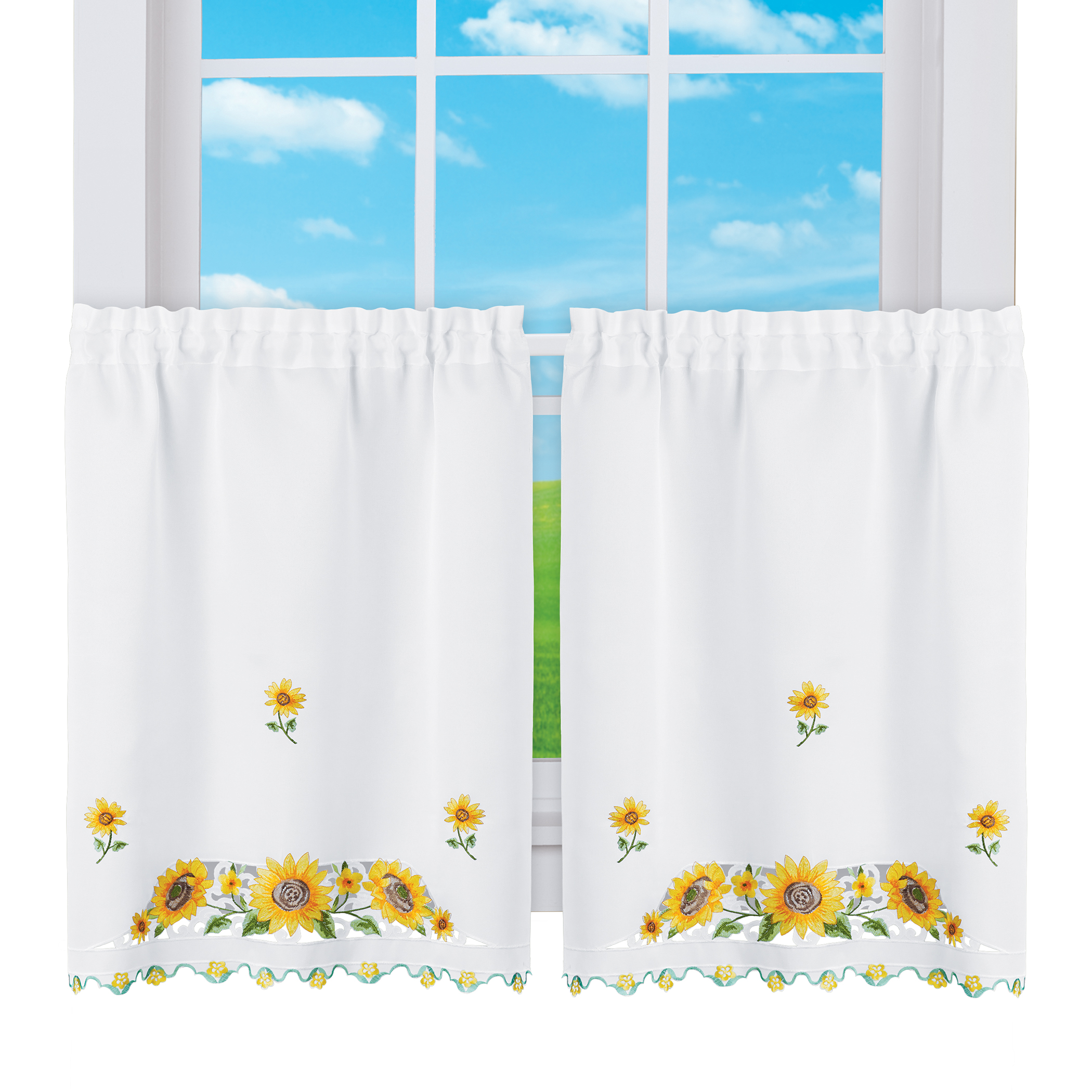 Pretty Sunflower Embroidered Café Kitchen Curtains 24"L Tiers