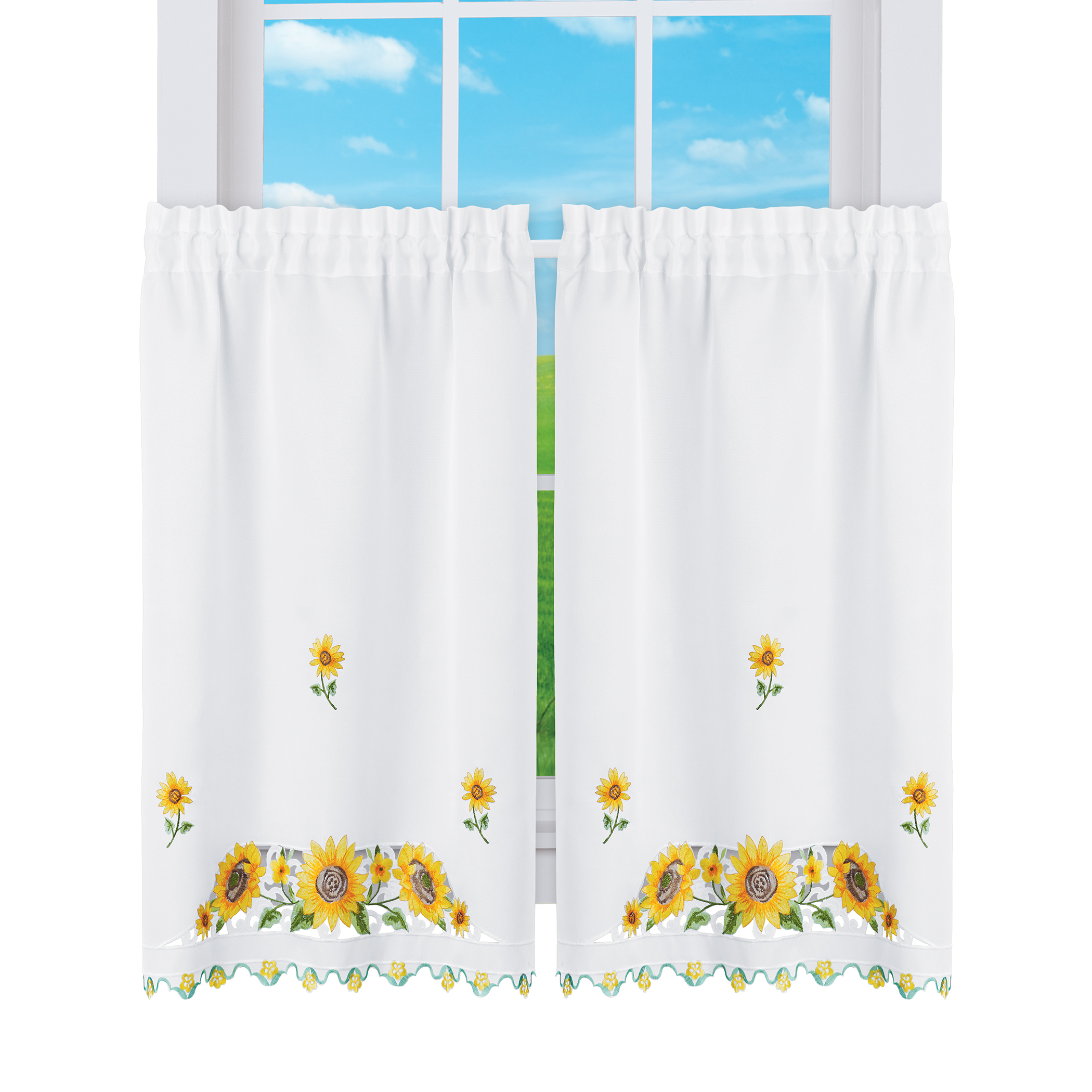 Pretty Sunflower Embroidered Café Kitchen Curtains 36"L Tiers