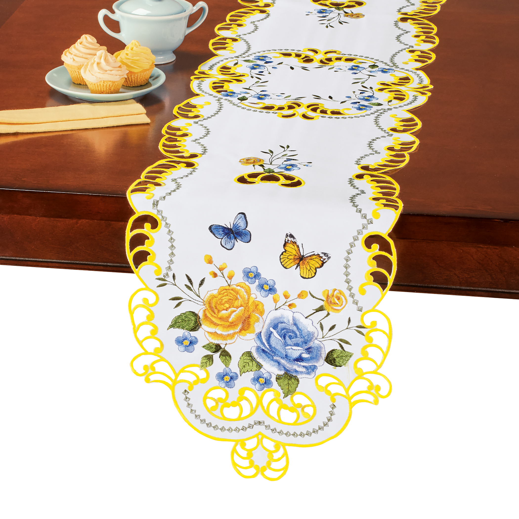 Embroidered Wild Rose Butterfly Table Linens Runner White