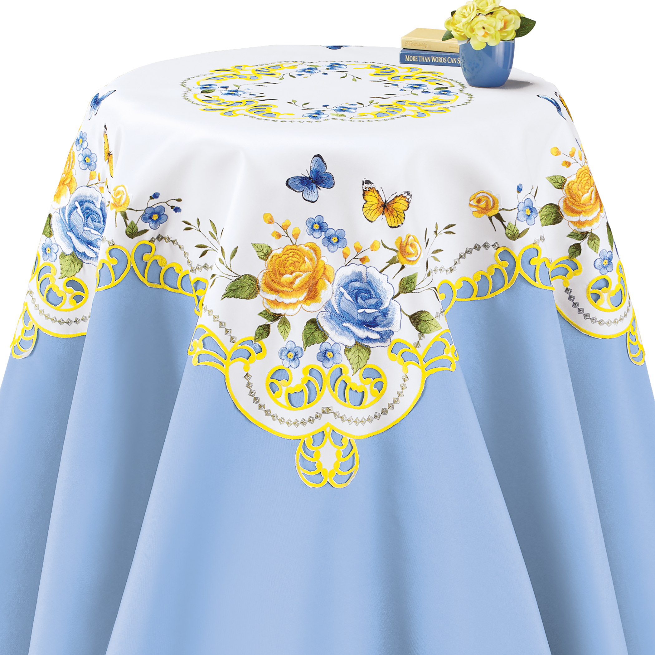 Embroidered Wild Rose Butterfly Table Linens Square White