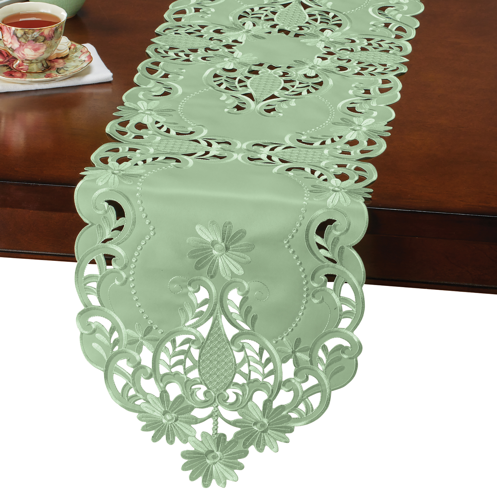 Elegant Embroidered Daisies Intricate Cut-Out Table Linens Runner Sage