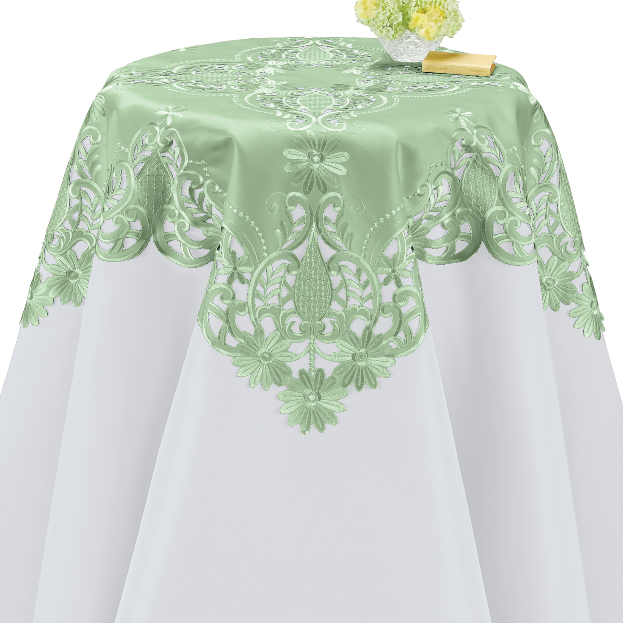 Elegant Embroidered Daisies Intricate Cut-Out Table Linens Square Sage
