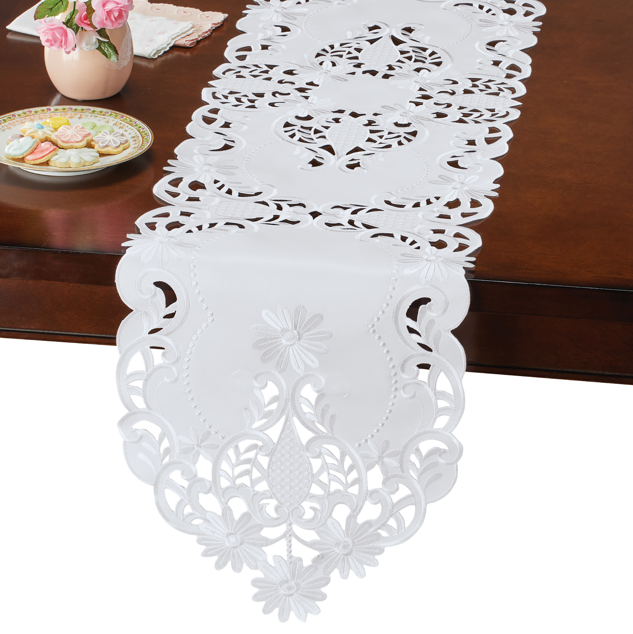 Elegant Embroidered Daisies Intricate Cut-Out Table Linens Runner White