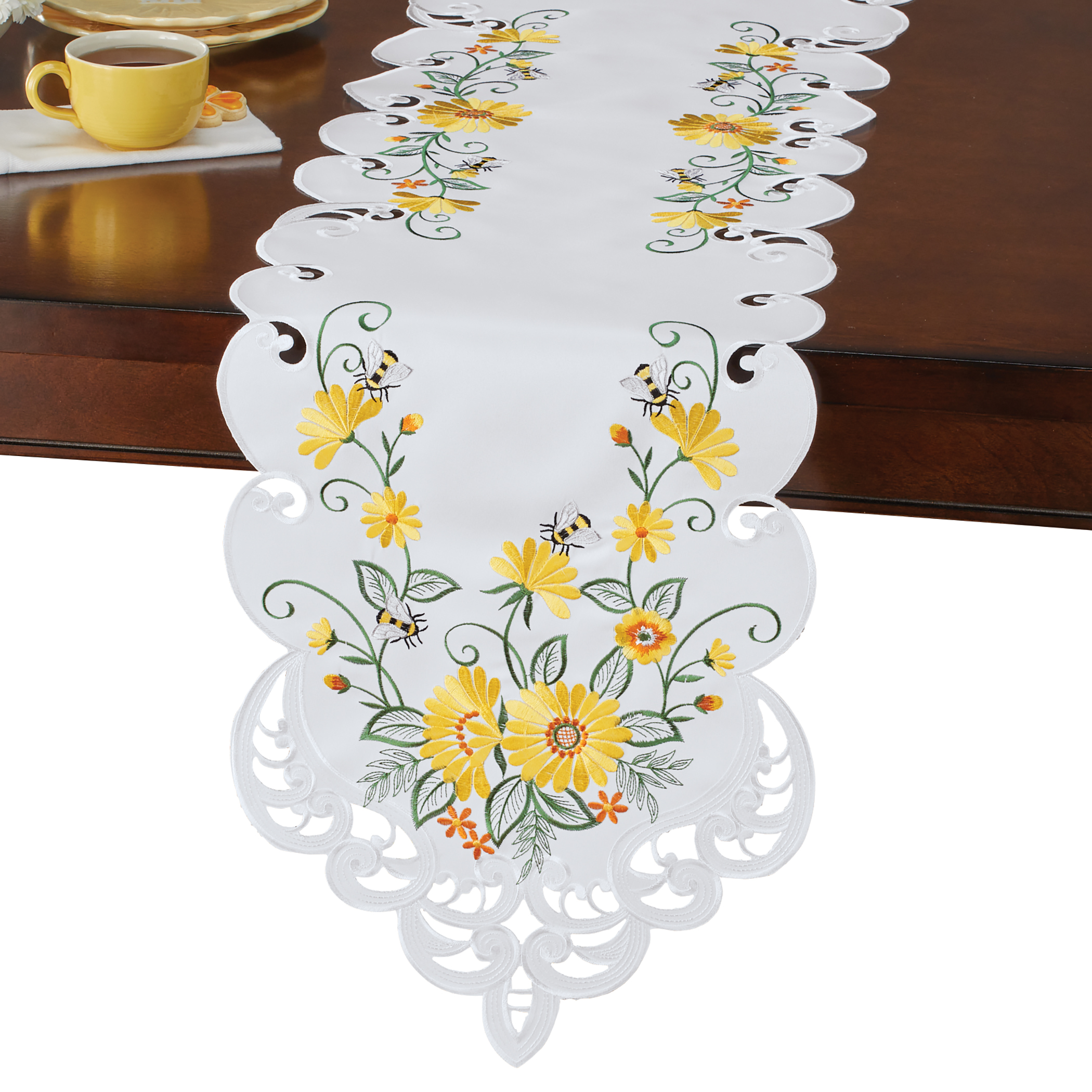 Embroidered Gerbera Daisies Scalloped Edge Table Linens Runner White