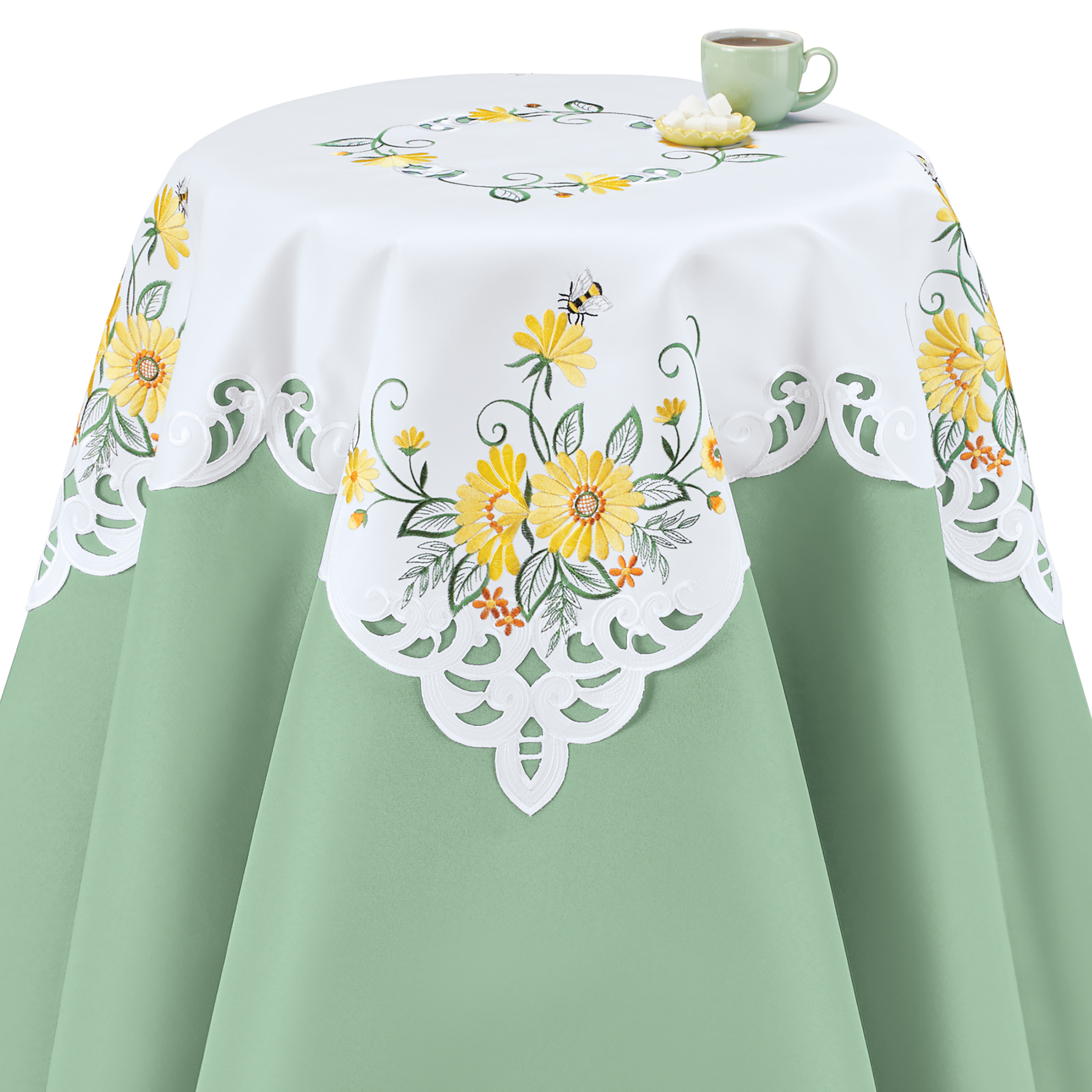Embroidered Gerbera Daisies Scalloped Edge Table Linens Square White