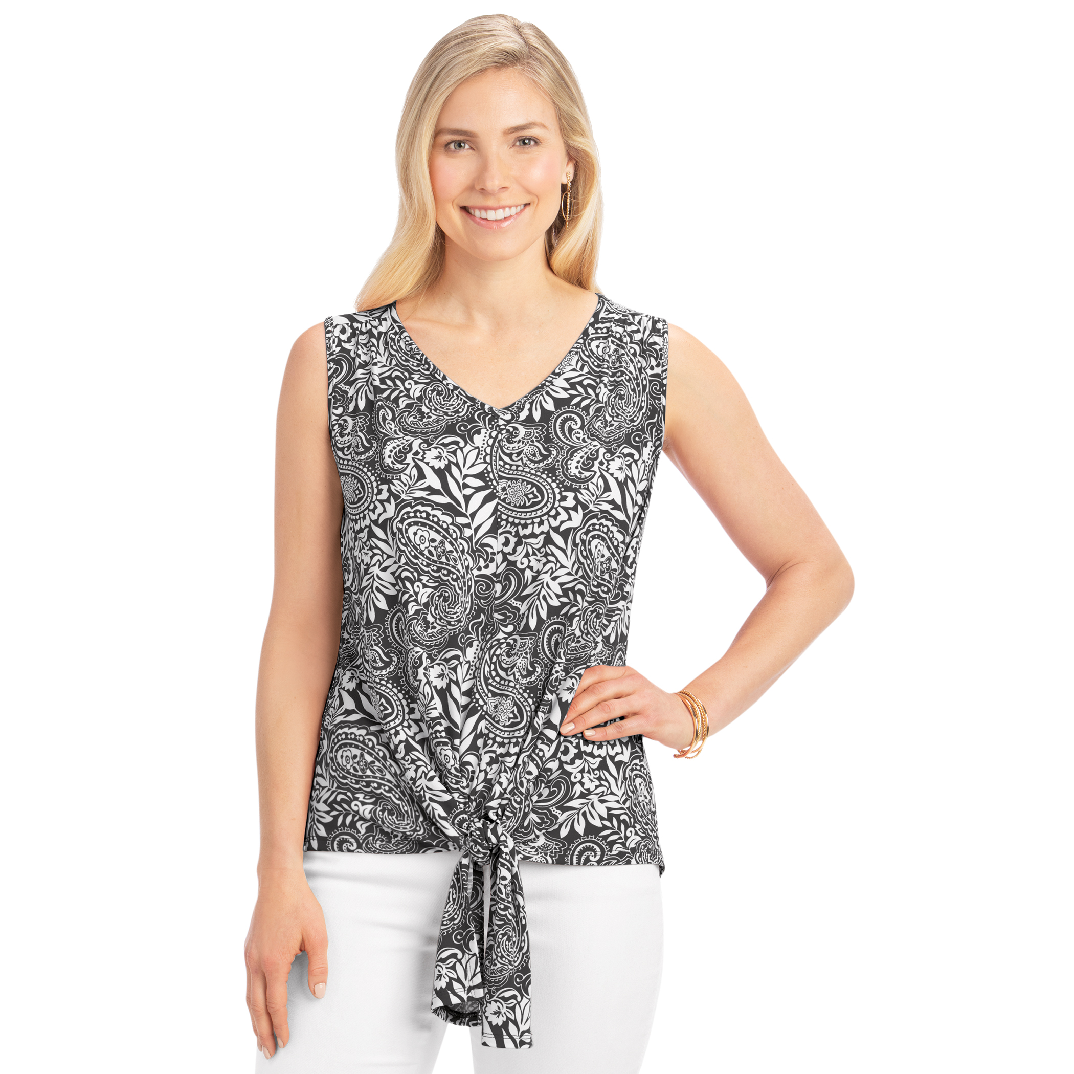 Flattering Tie-Front Paisley Print Sleeveless Top Large Gender Neutral Black Multi