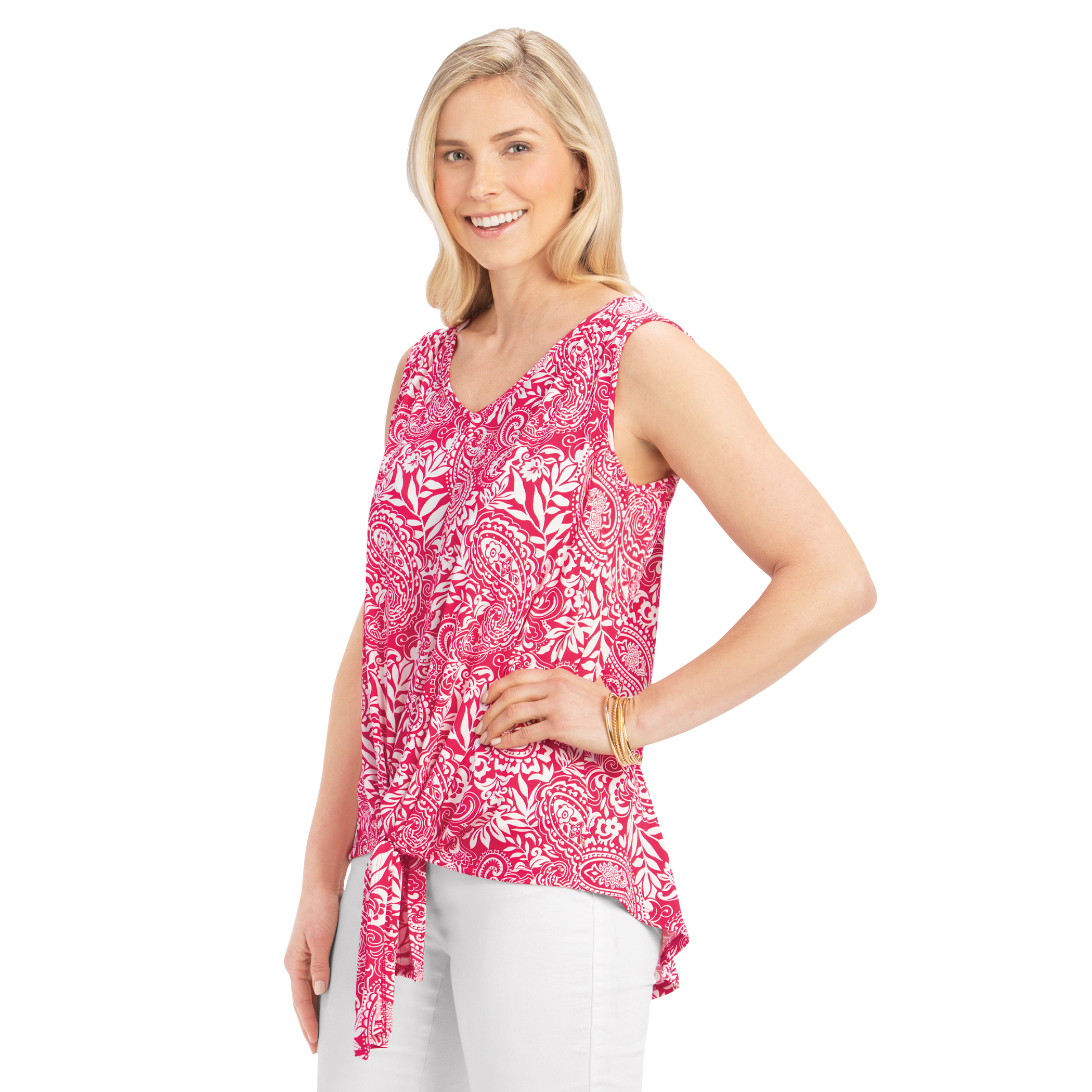 Flattering Tie-Front Paisley Print Sleeveless Top XX-Large Gender Neutral Raspberry Multi