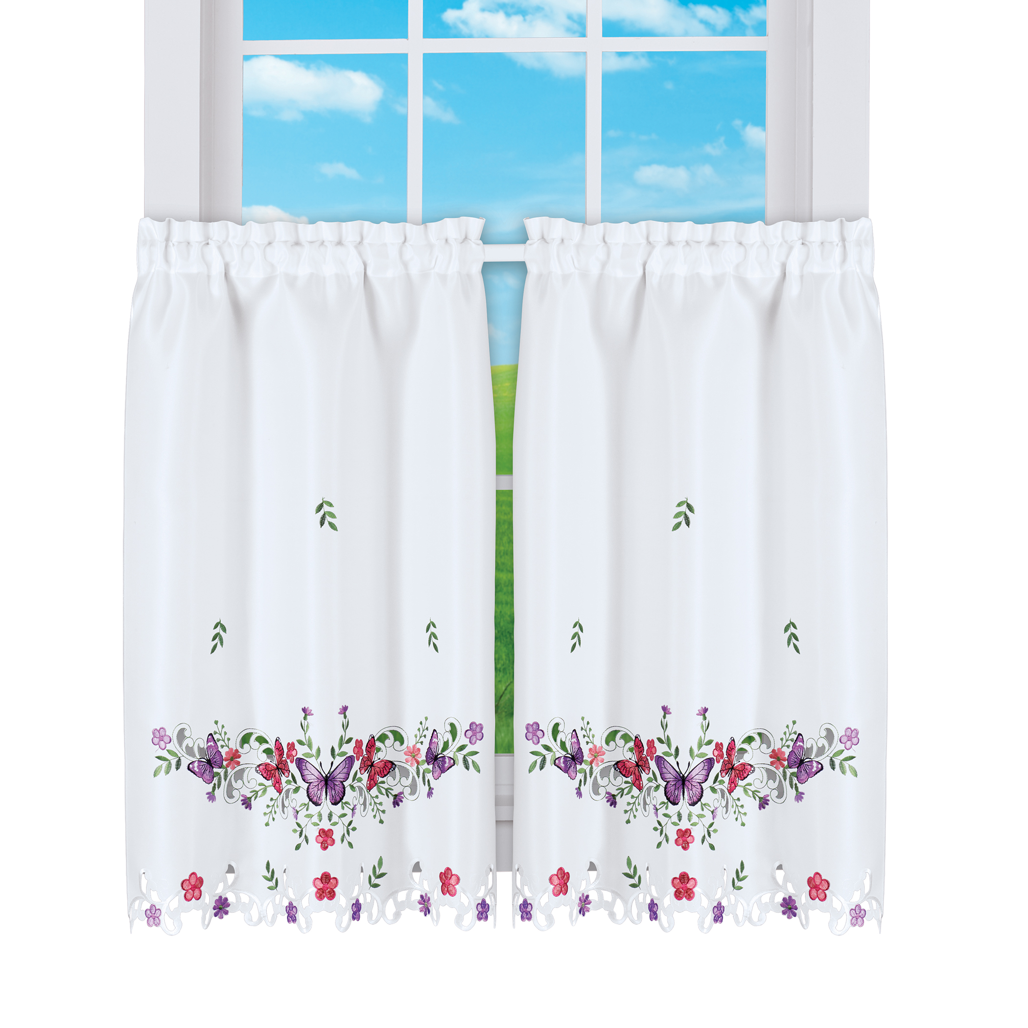 Embroidered Butterfly Garden Scalloped Edge CafÃ© Kitchen Curtains 36"L Tiers
