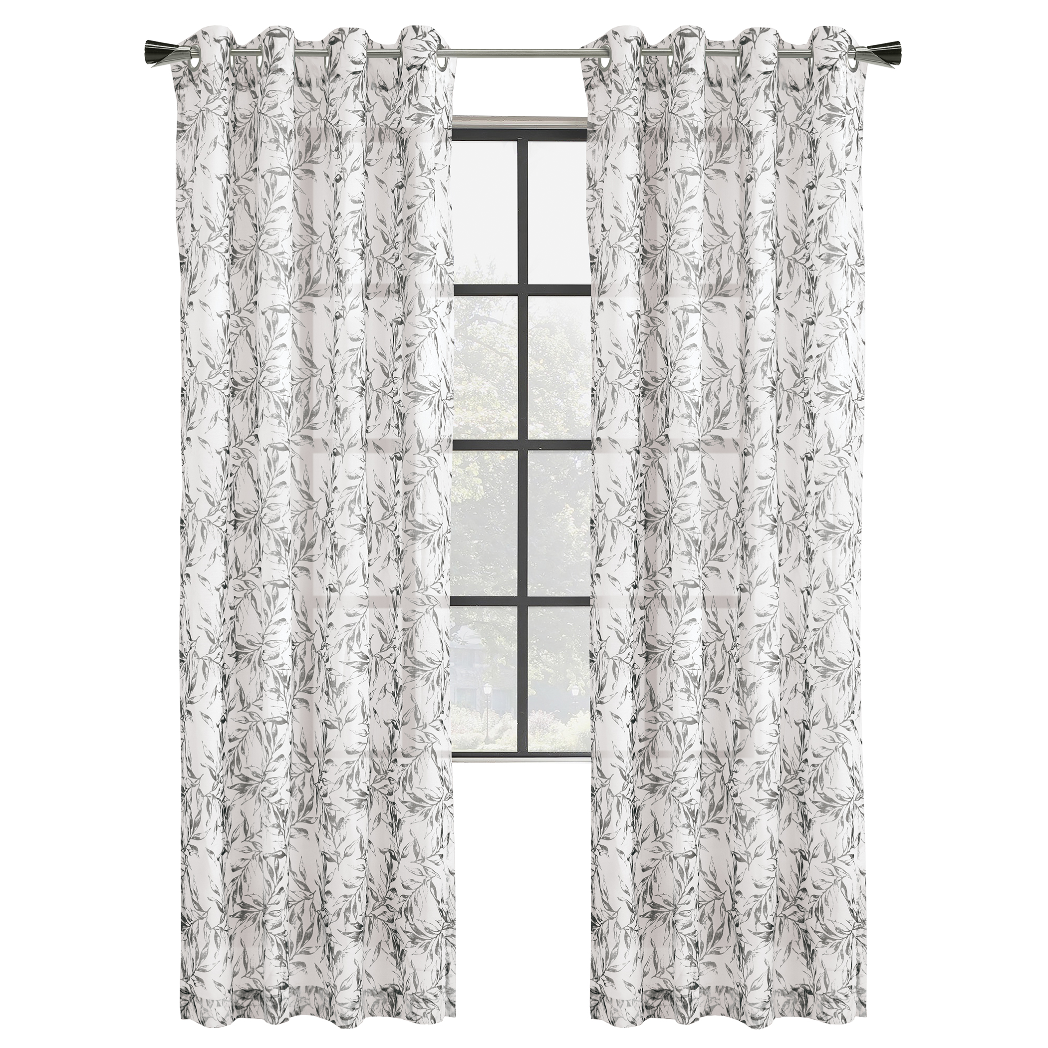 Jenny Botanical Leaf Design Sheer Curtain Panel 84" Panel Grey