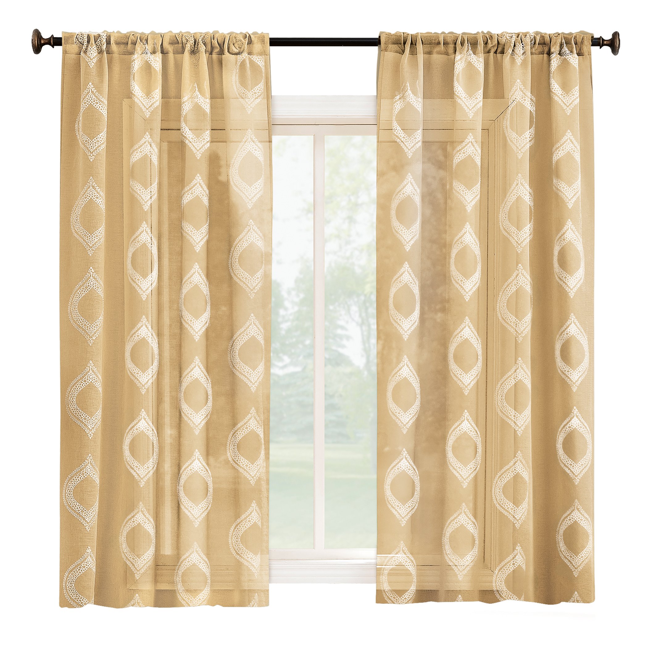 Beautiful Embroidered Sheer Rod Pocket Curtain Panel 50" x 63" Gold, 50" x 63"