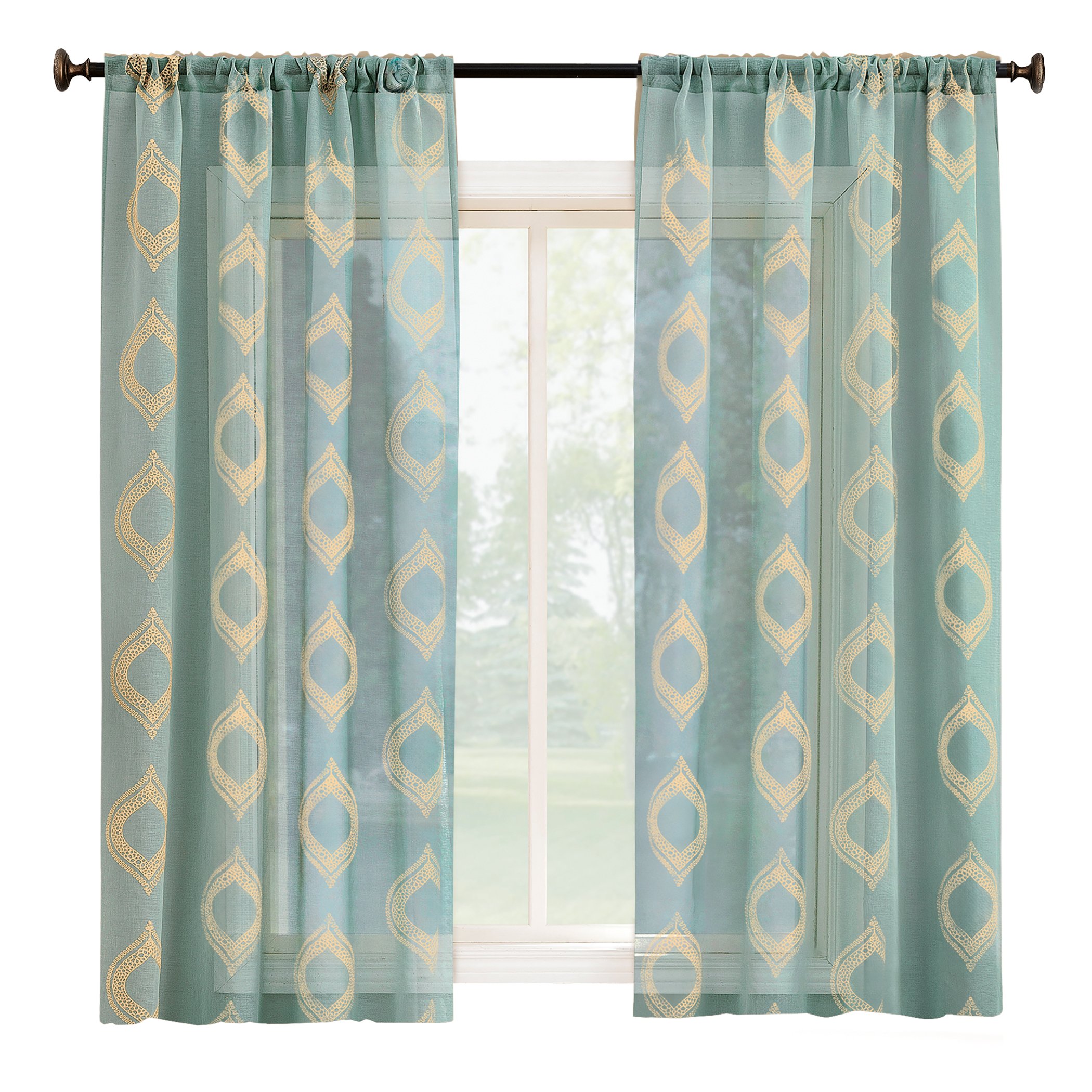 Beautiful Embroidered Sheer Rod Pocket Curtain Panel 50" x 63" Jade, 50" x 63"