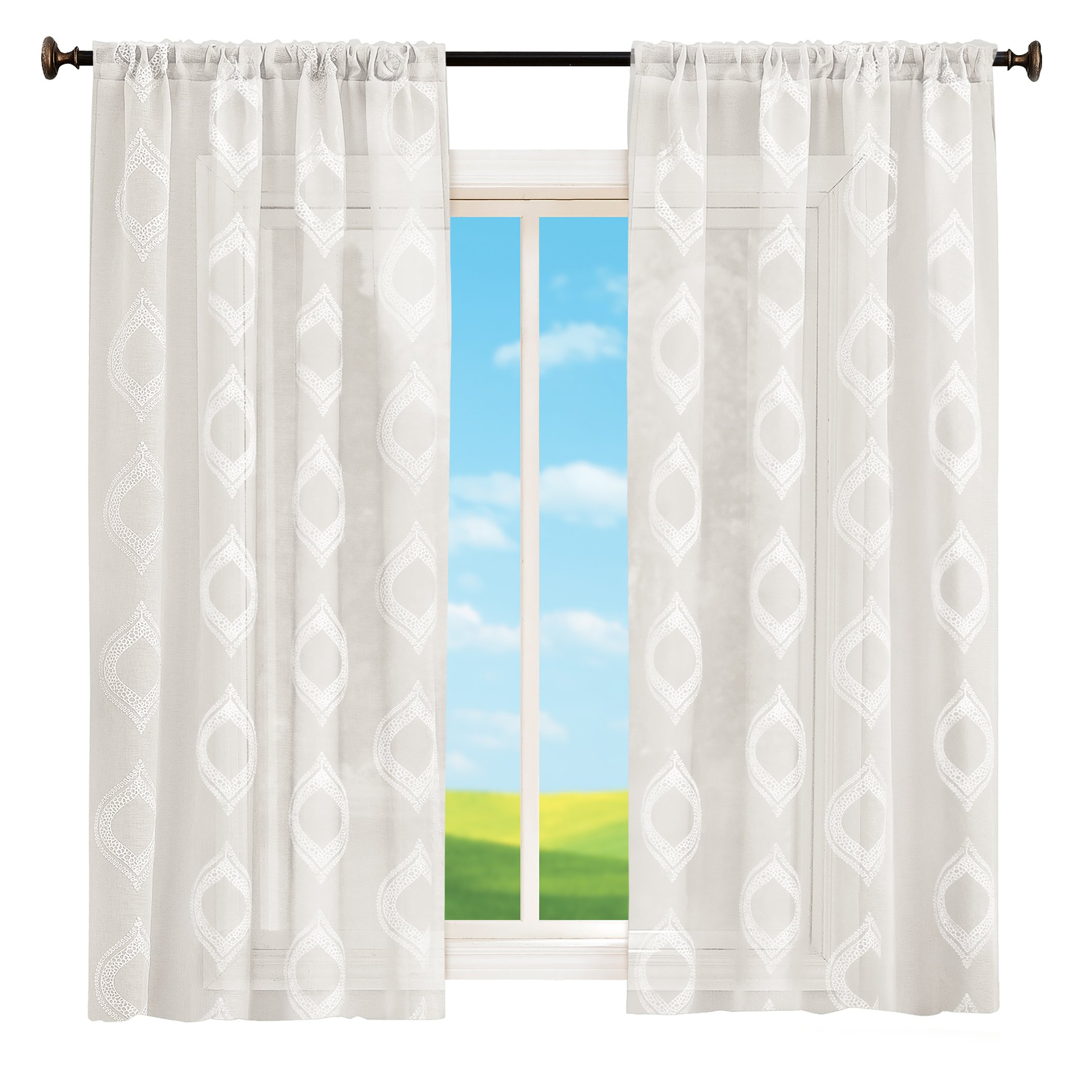 Beautiful Embroidered Sheer Rod Pocket Curtain Panel 50" x 63" White, 50" x 63"