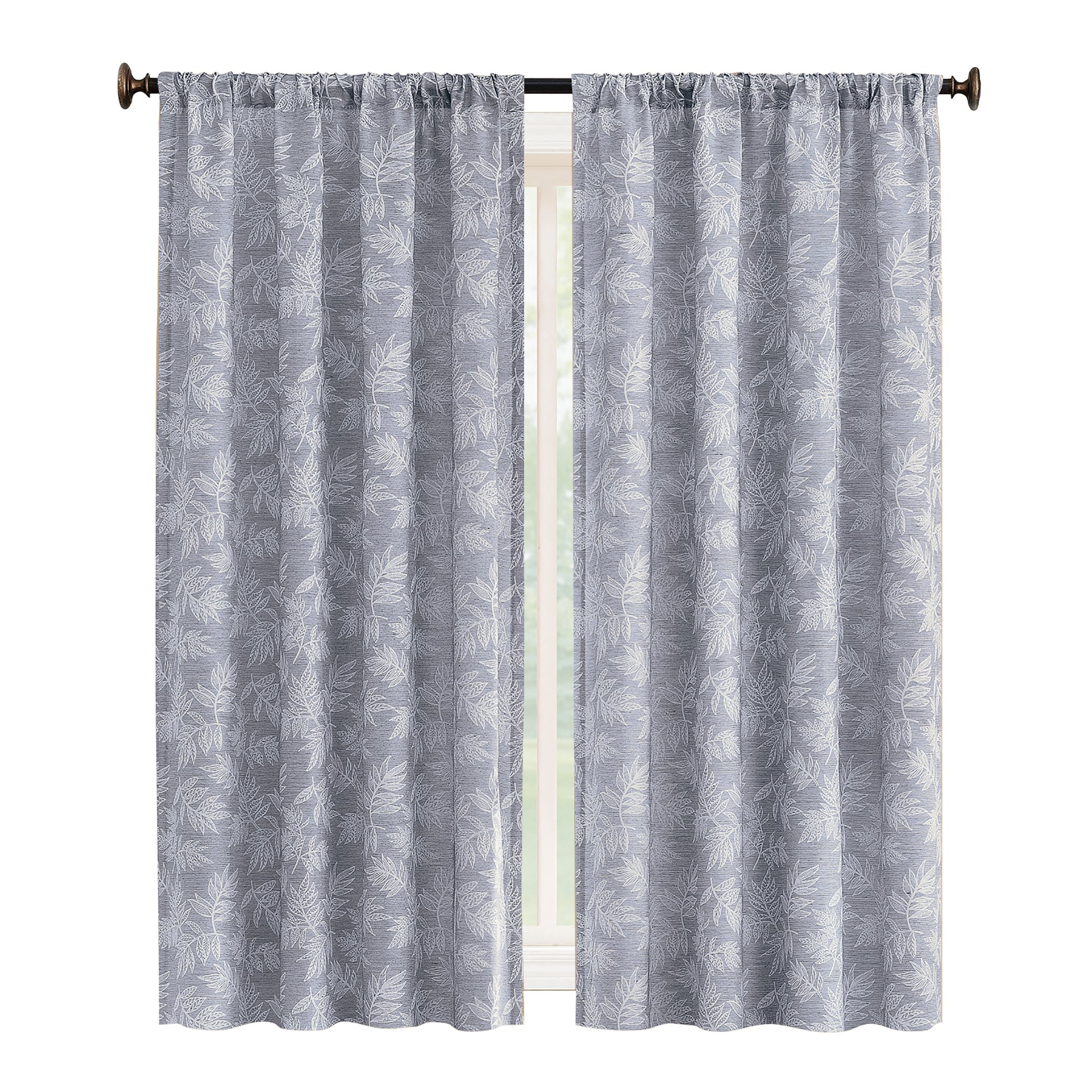 Elegant Leaf Embroidered Rod Pocket Top Curtain Panel 50" x 63" Denim, 50" x 63"