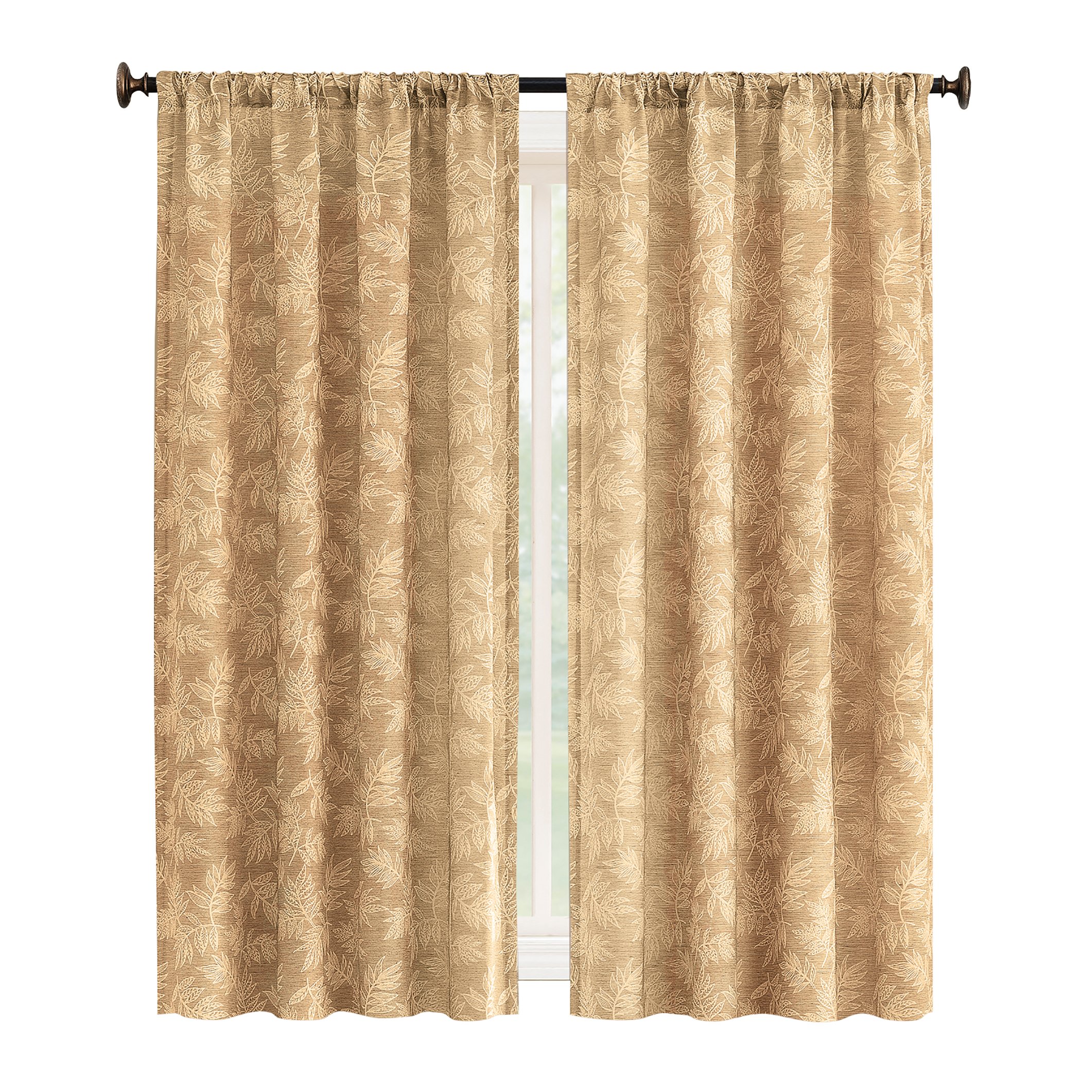 Elegant Leaf Embroidered Rod Pocket Top Curtain Panel 50" x 63" Gold, 50" x 63"