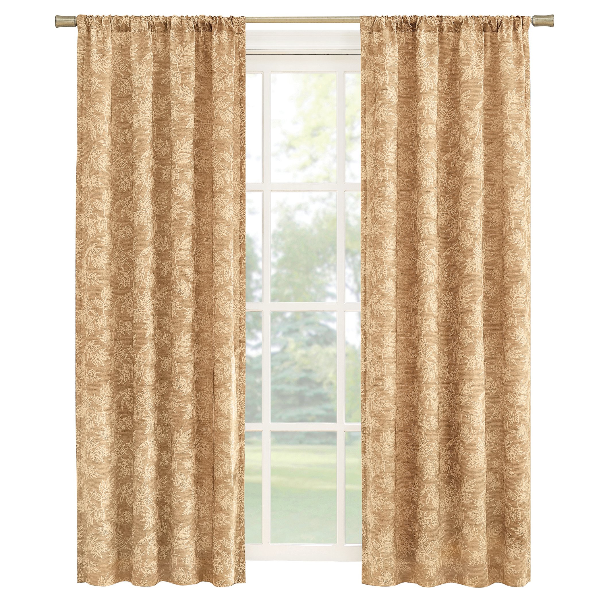 Elegant Leaf Embroidered Rod Pocket Top Curtain Panel 50" x 84" Gold, 50" x 84"