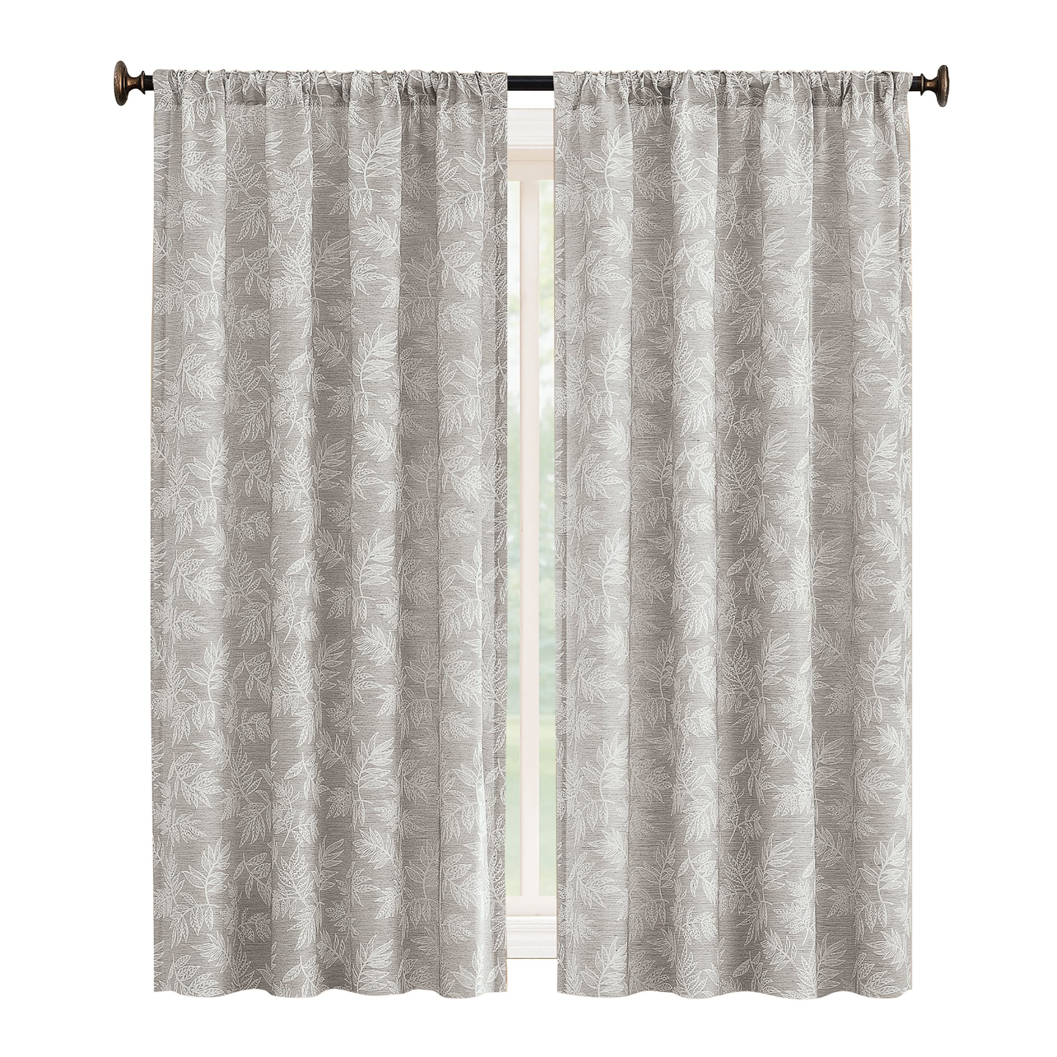 Elegant Leaf Embroidered Rod Pocket Top Curtain Panel 50" x 63" Light Grey, 50" x 63"