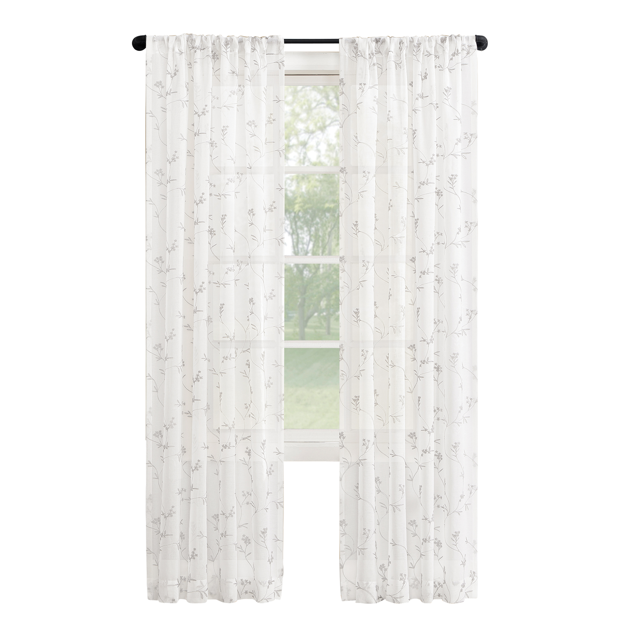 Sheer Floral Embroidered Rod Pocket Curtains 50" x 84" Ivory, 50" x 84"