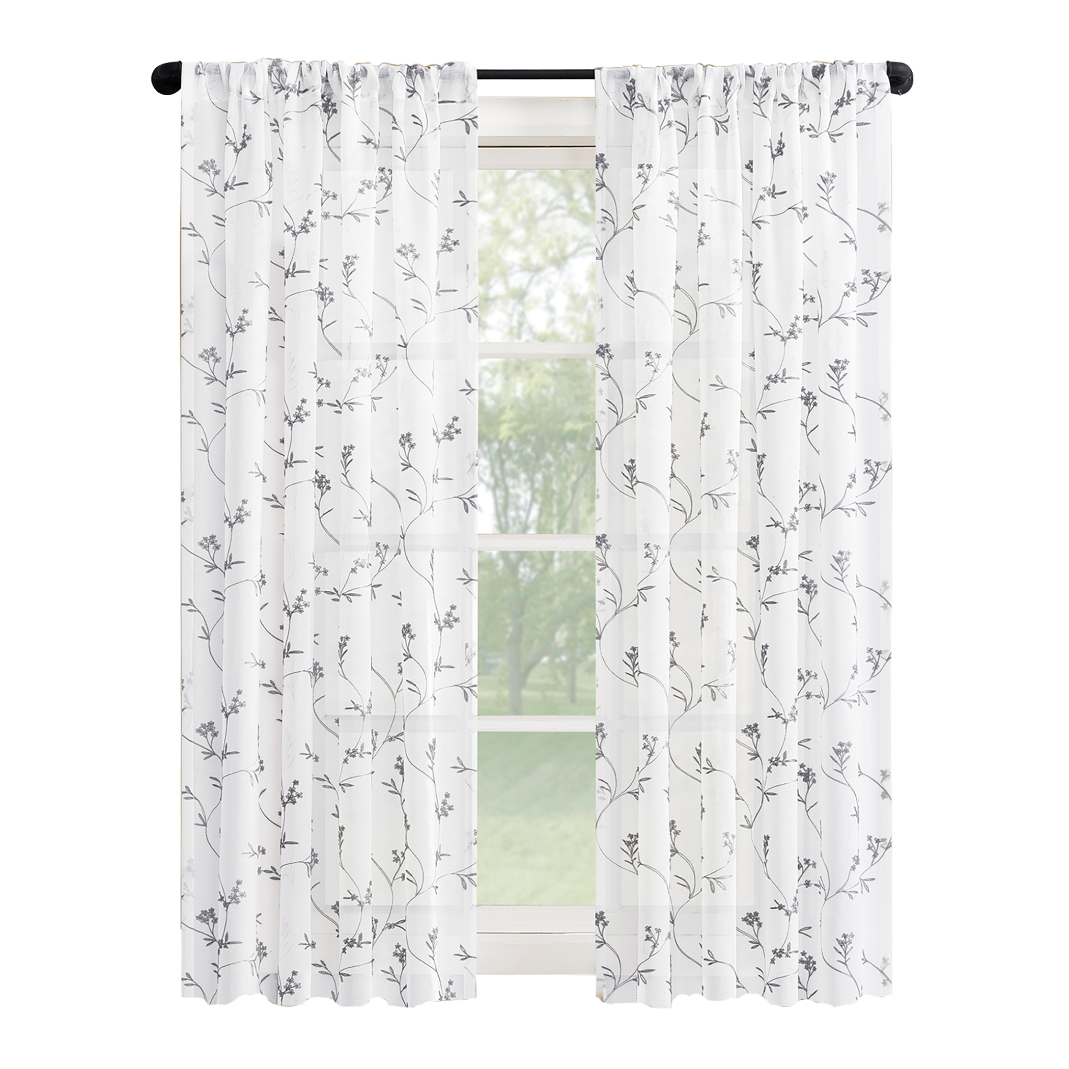 Sheer Floral Embroidered Rod Pocket Curtains 50" x 63" White, 50" x 63"